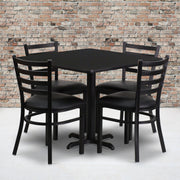 Carlton 36'' Square Black Laminate Table Set with X-Base and 4 Ladder Back Metal Chairs - Black Vinyl Seat