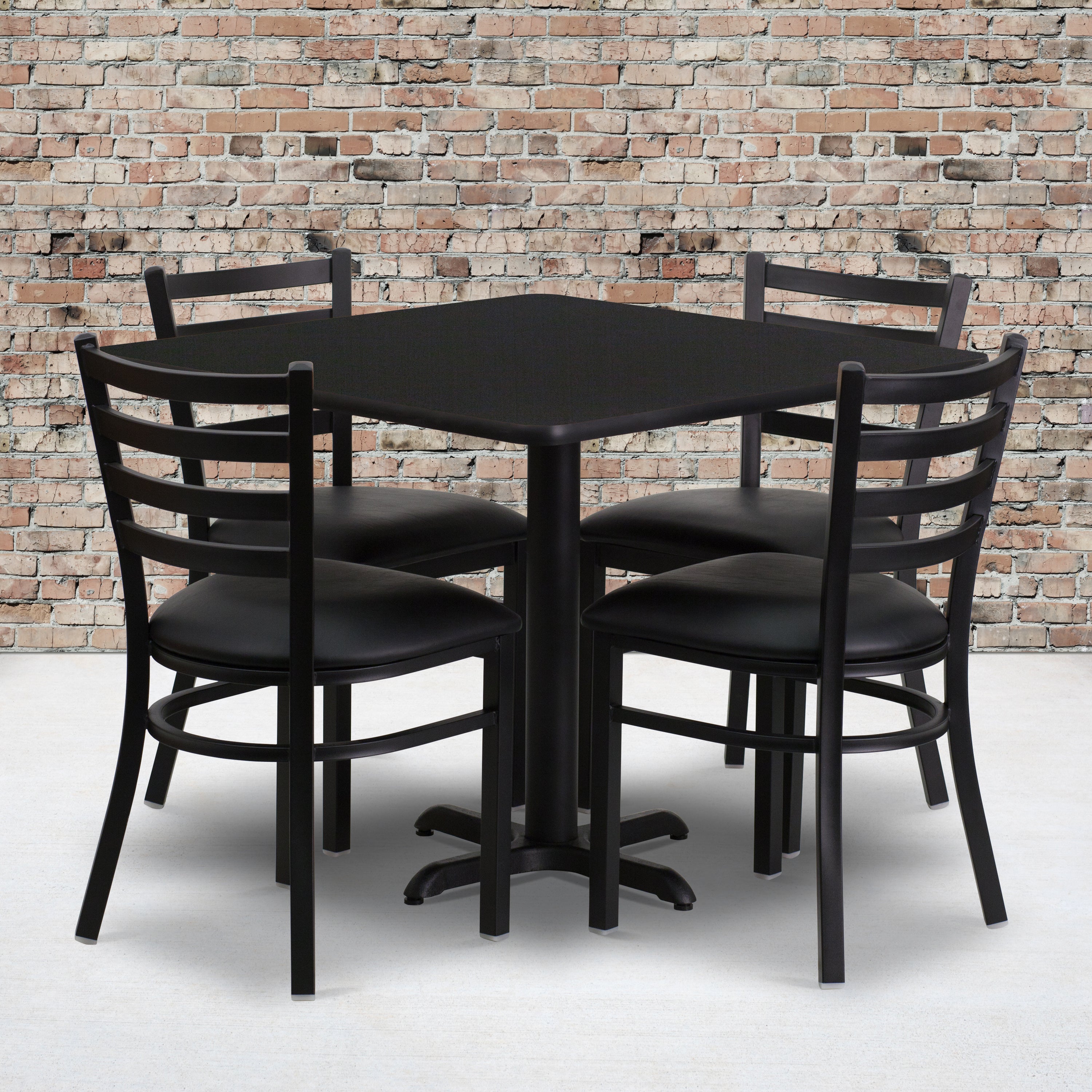 Carlton 36'' Square Black Laminate Table Set with X-Base and 4 Ladder Back Metal Chairs - Black Vinyl Seat