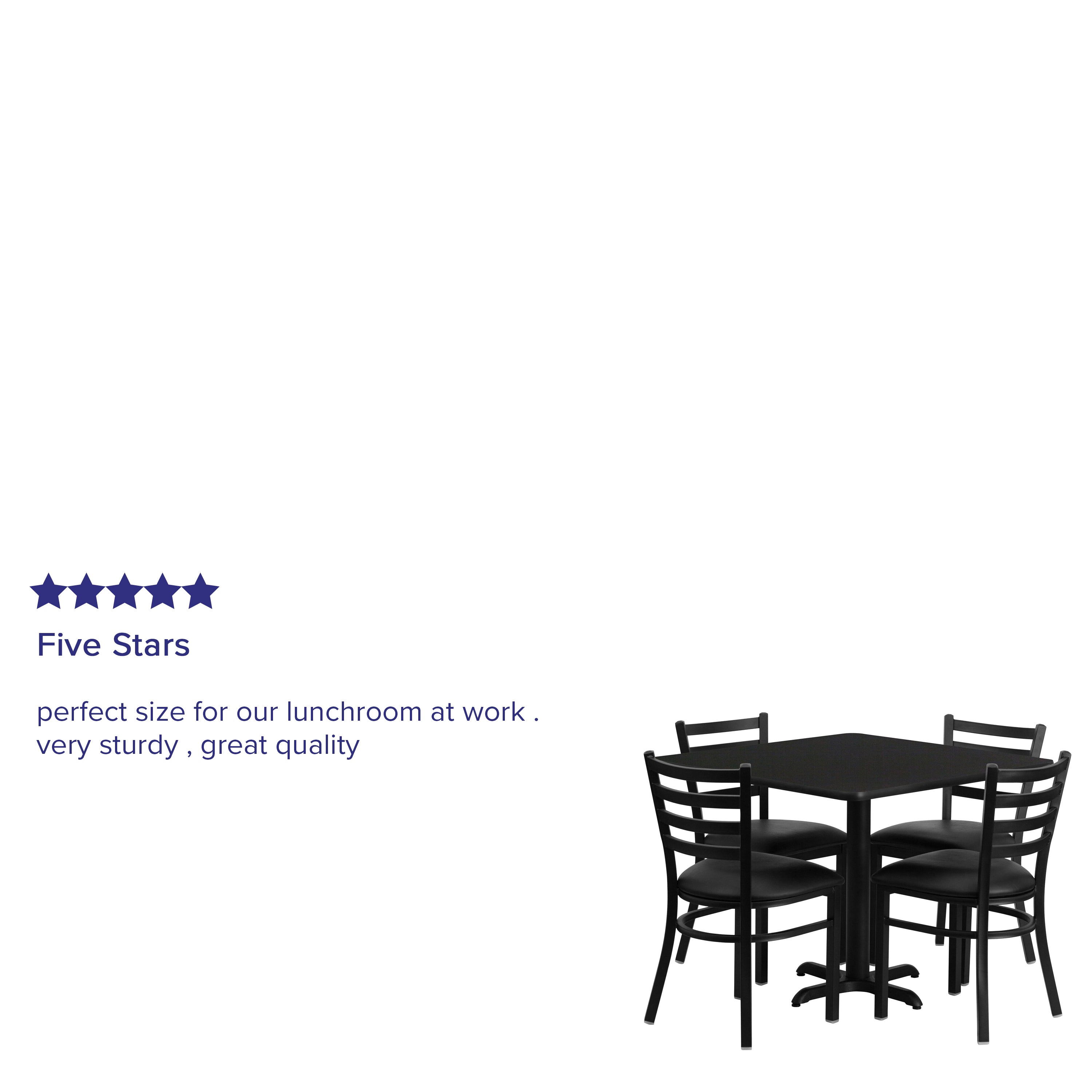 Carlton 36'' Square Black Laminate Table Set with X-Base and 4 Ladder Back Metal Chairs - Black Vinyl Seat