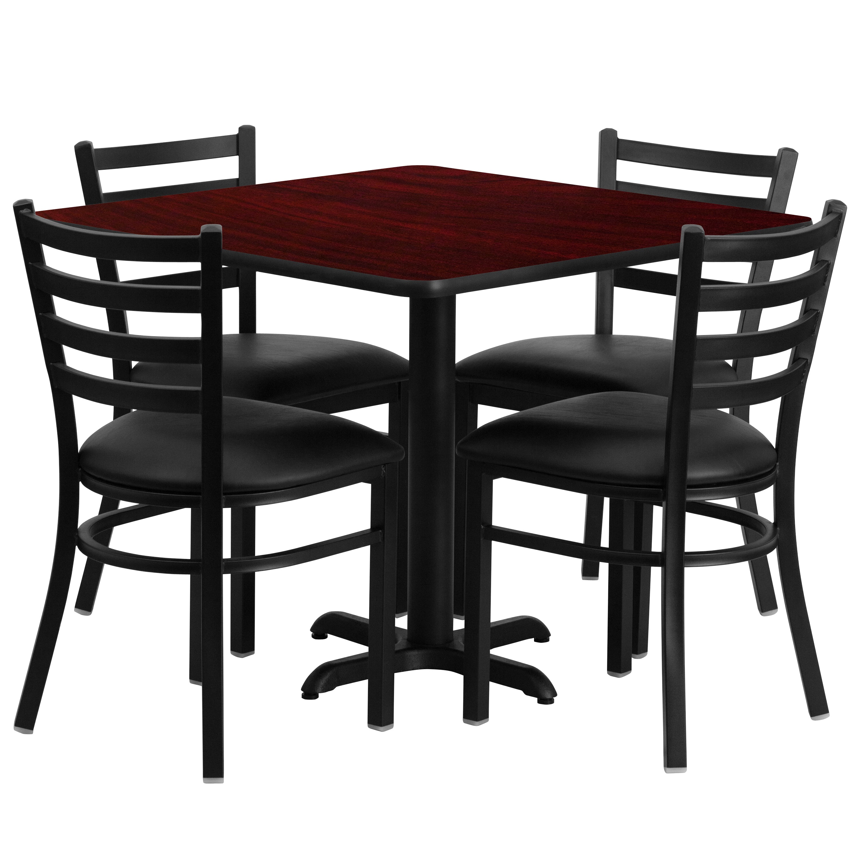 Carlton 36'' Square Mahogany Laminate Table Set with X-Base and 4 Ladder Back Metal Chairs - Black Vinyl Seat