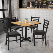 Carlton 36'' Square Natural Laminate Table Set with X-Base and 4 Ladder Back Metal Chairs - Black Vinyl Seat