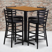 Carlton 24''W x 42''L Rectangular Natural Laminate Table Set with 4 Ladder Back Metal Barstools - Black Vinyl Seat