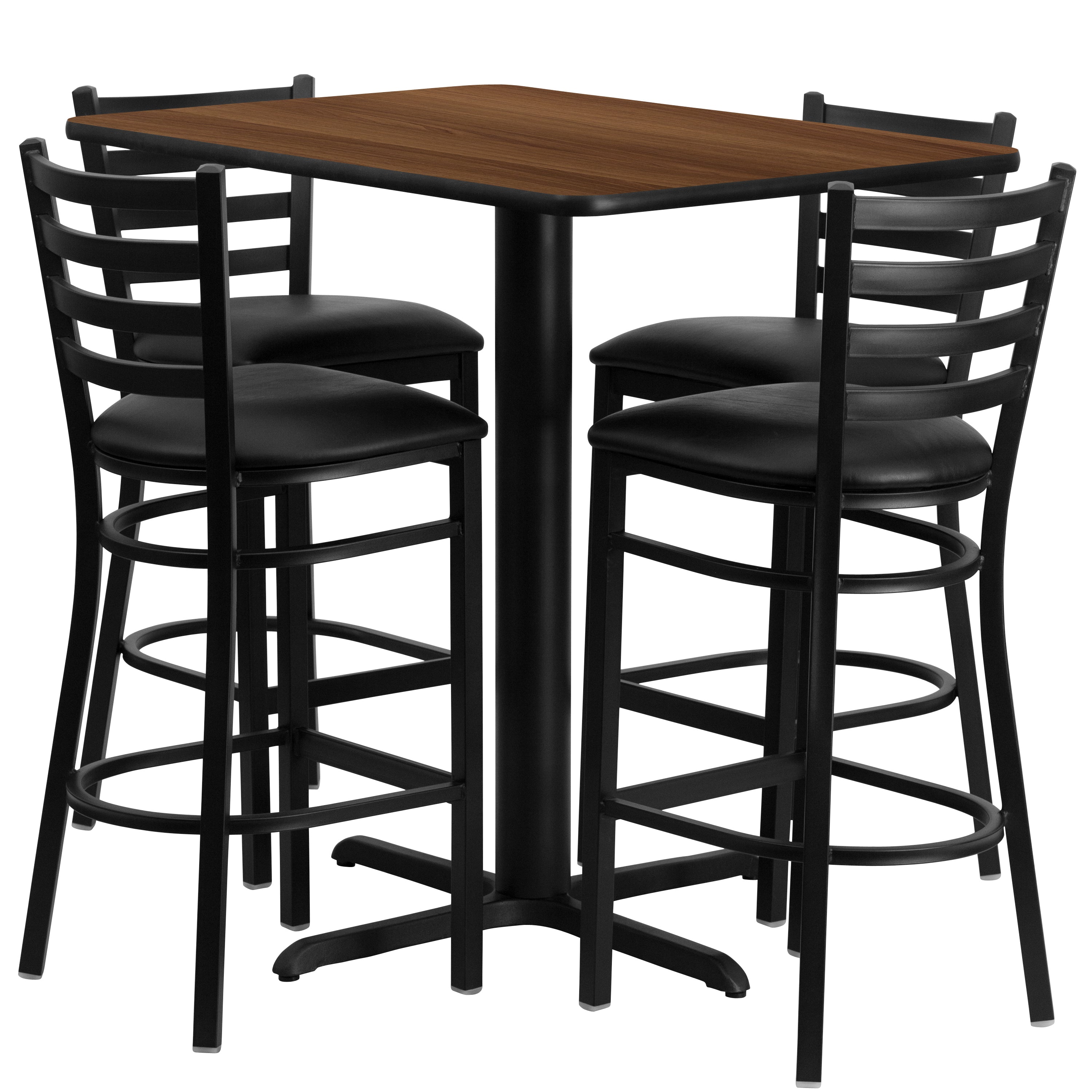 Carlton 24''W x 42''L Rectangular Walnut Laminate Table Set with 4 Ladder Back Metal Barstools - Black Vinyl Seat