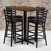 Carlton 24''W x 42''L Rectangular Walnut Laminate Table Set with 4 Ladder Back Metal Barstools - Black Vinyl Seat