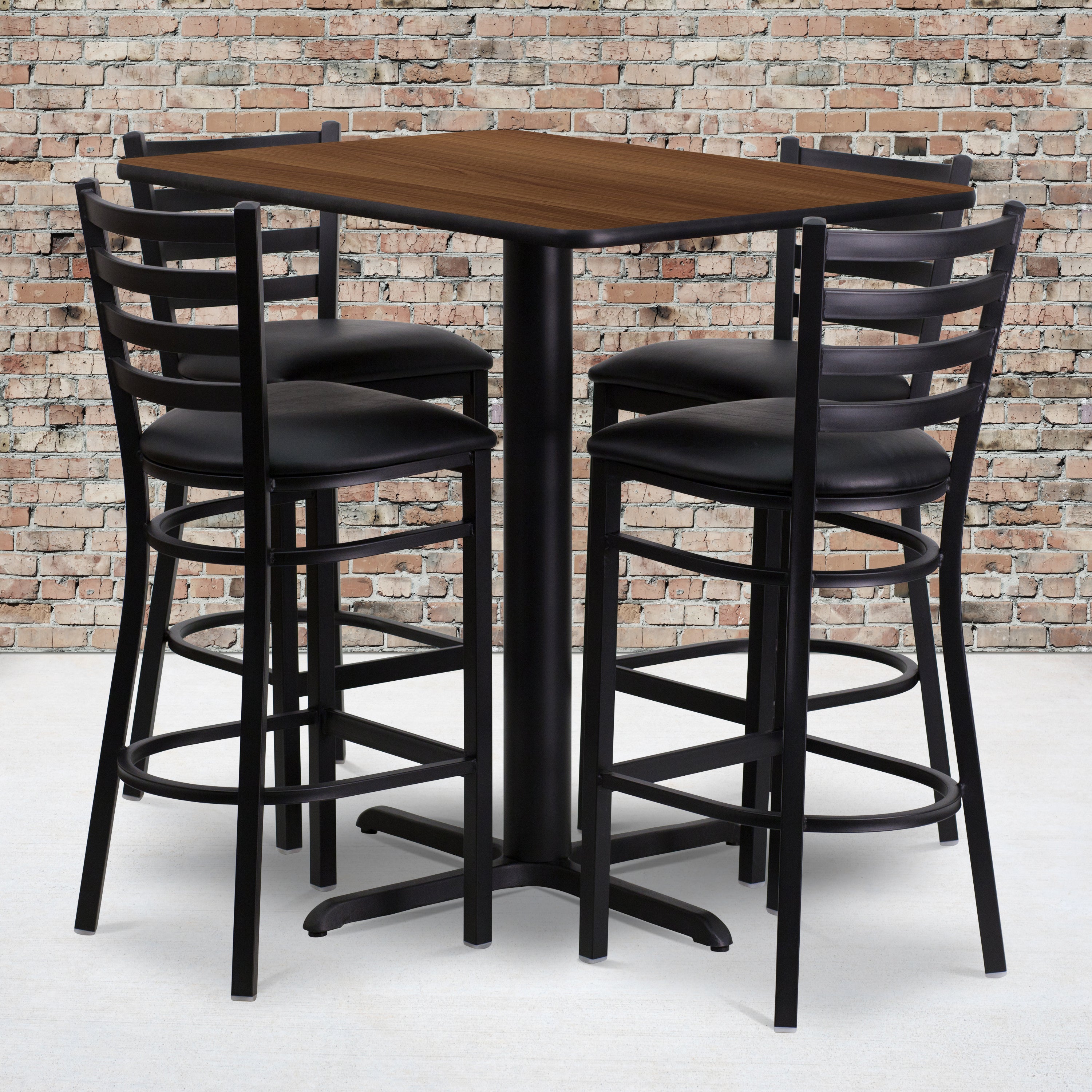 Carlton 24''W x 42''L Rectangular Walnut Laminate Table Set with 4 Ladder Back Metal Barstools - Black Vinyl Seat