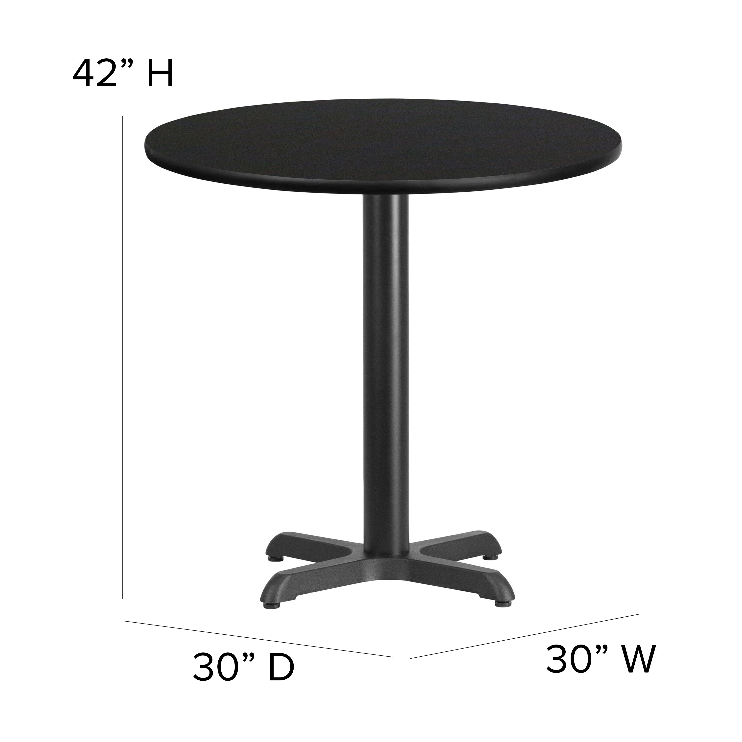 Carlton 30'' Round Black Laminate Table Set with X-Base and 4 Ladder Back Metal Barstools - Black Vinyl Seat