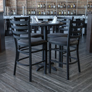 Carlton 30'' Round Black Laminate Table Set with X-Base and 4 Ladder Back Metal Barstools - Black Vinyl Seat