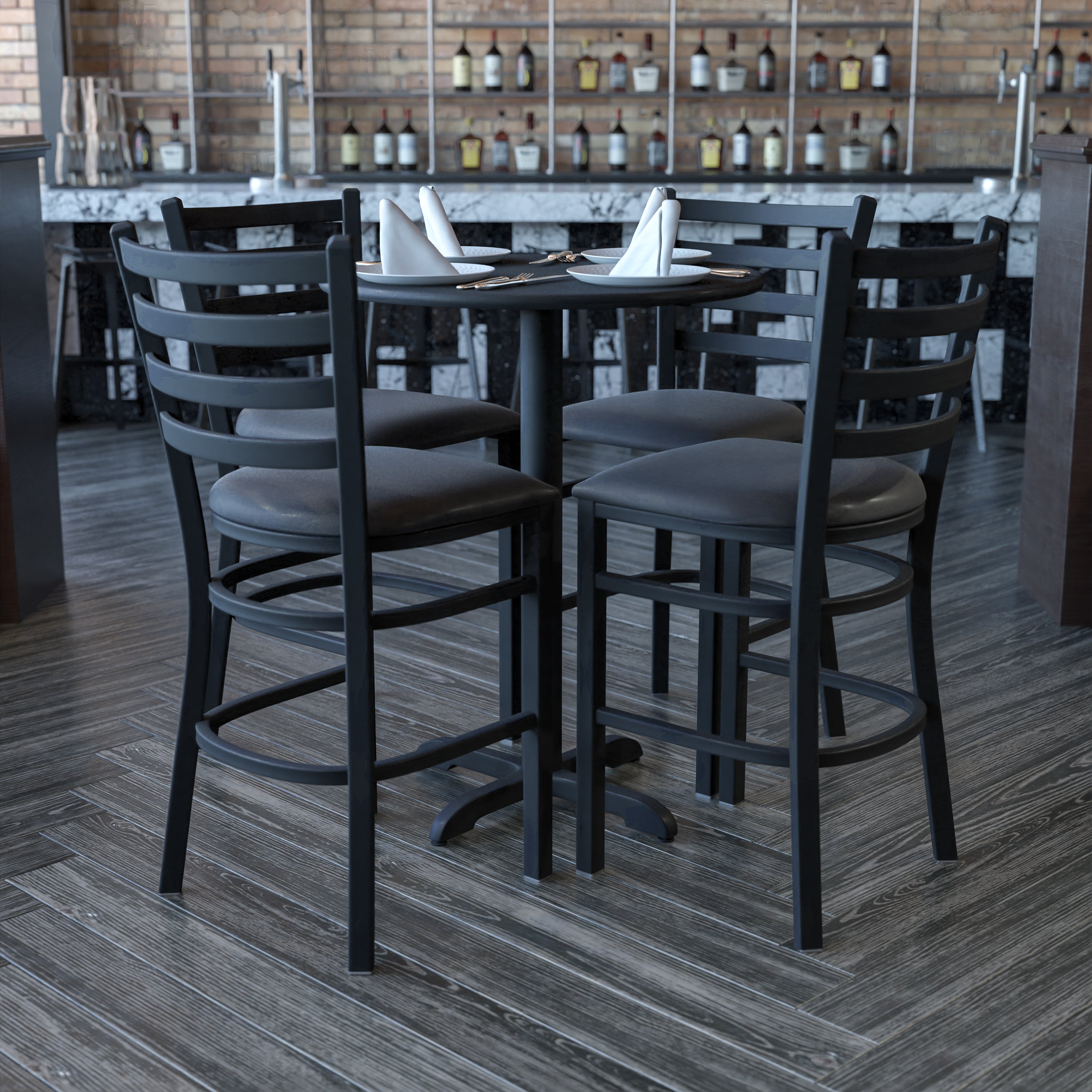Carlton 30'' Round Black Laminate Table Set with X-Base and 4 Ladder Back Metal Barstools - Black Vinyl Seat