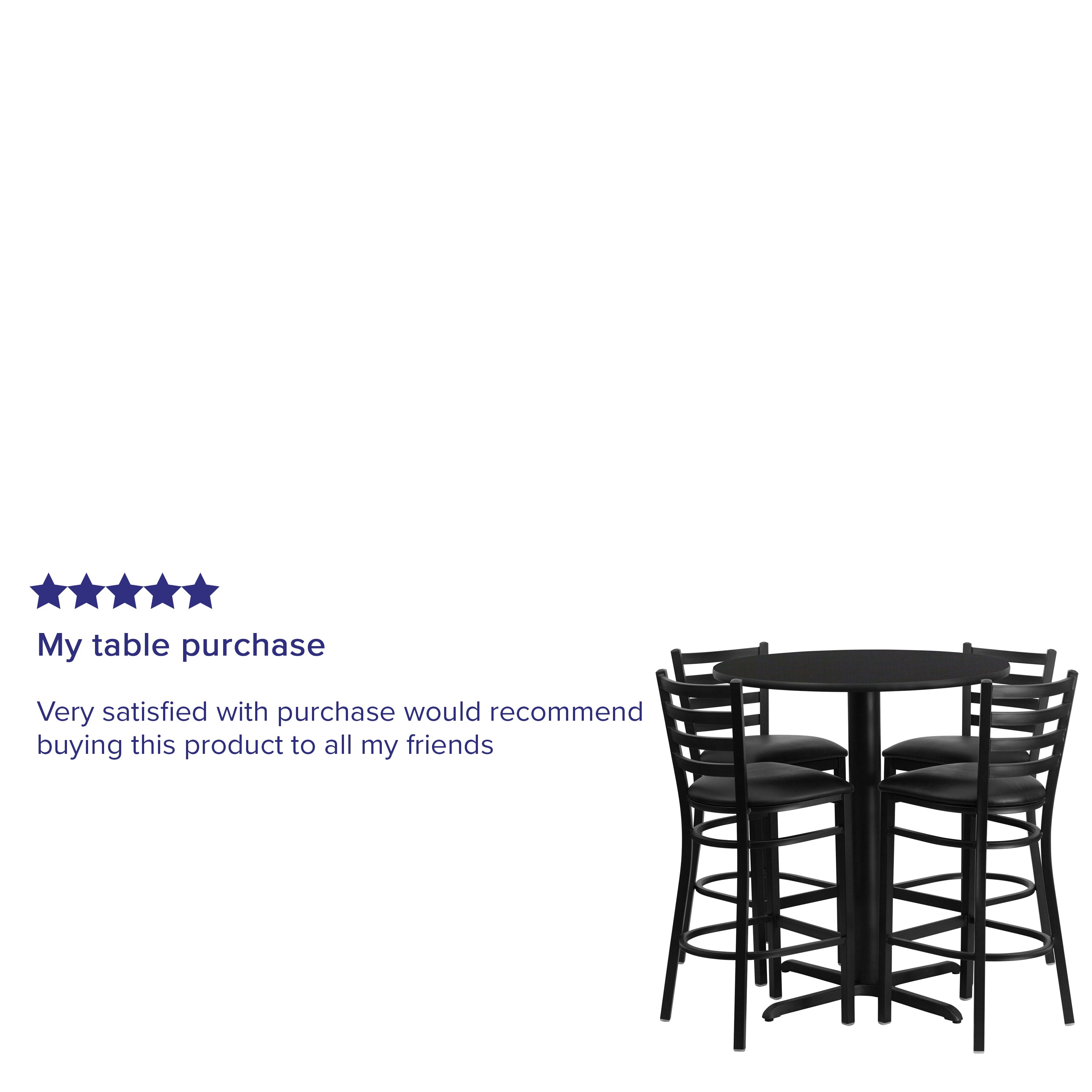 Carlton 30'' Round Black Laminate Table Set with X-Base and 4 Ladder Back Metal Barstools - Black Vinyl Seat