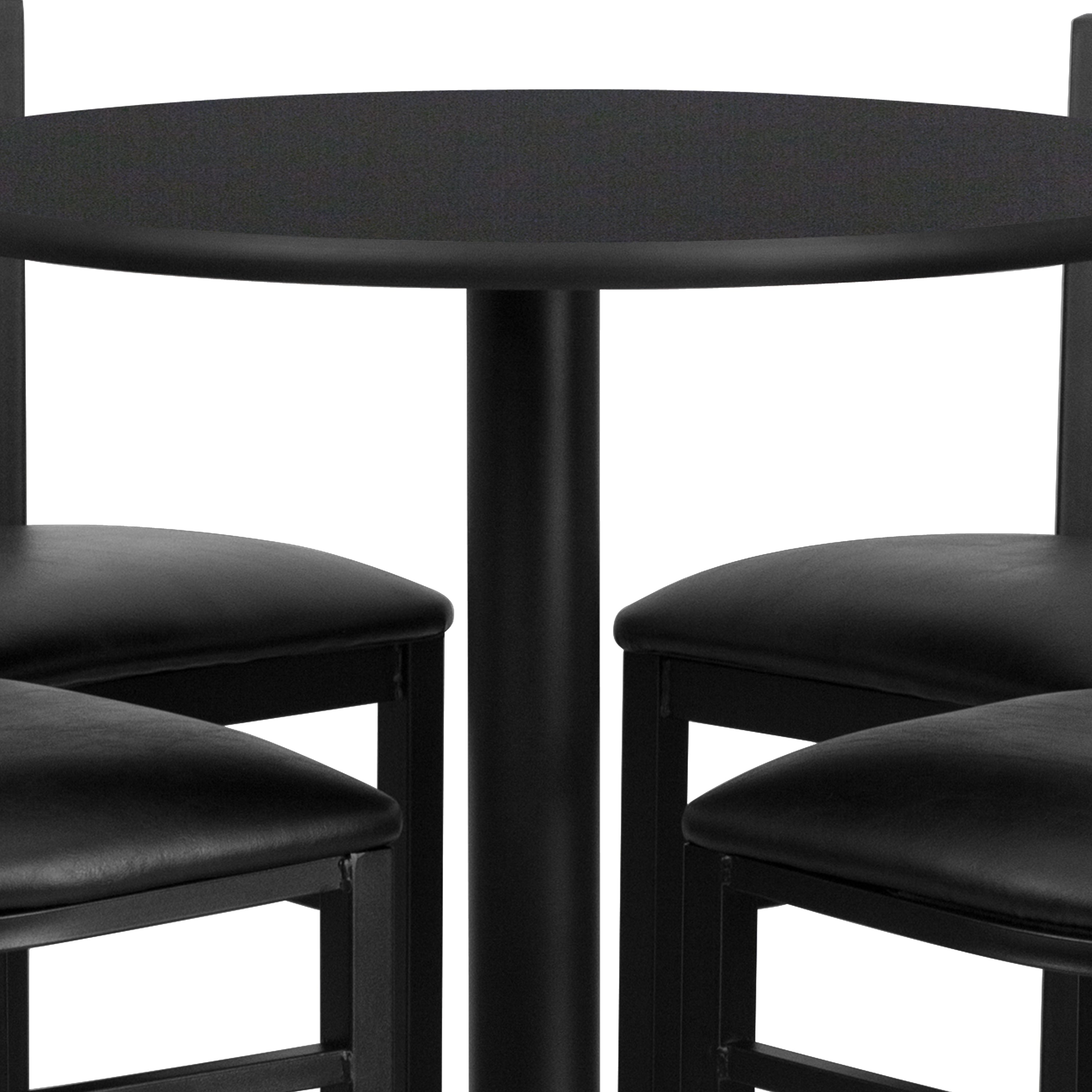 Carlton 30'' Round Black Laminate Table Set with X-Base and 4 Ladder Back Metal Barstools - Black Vinyl Seat