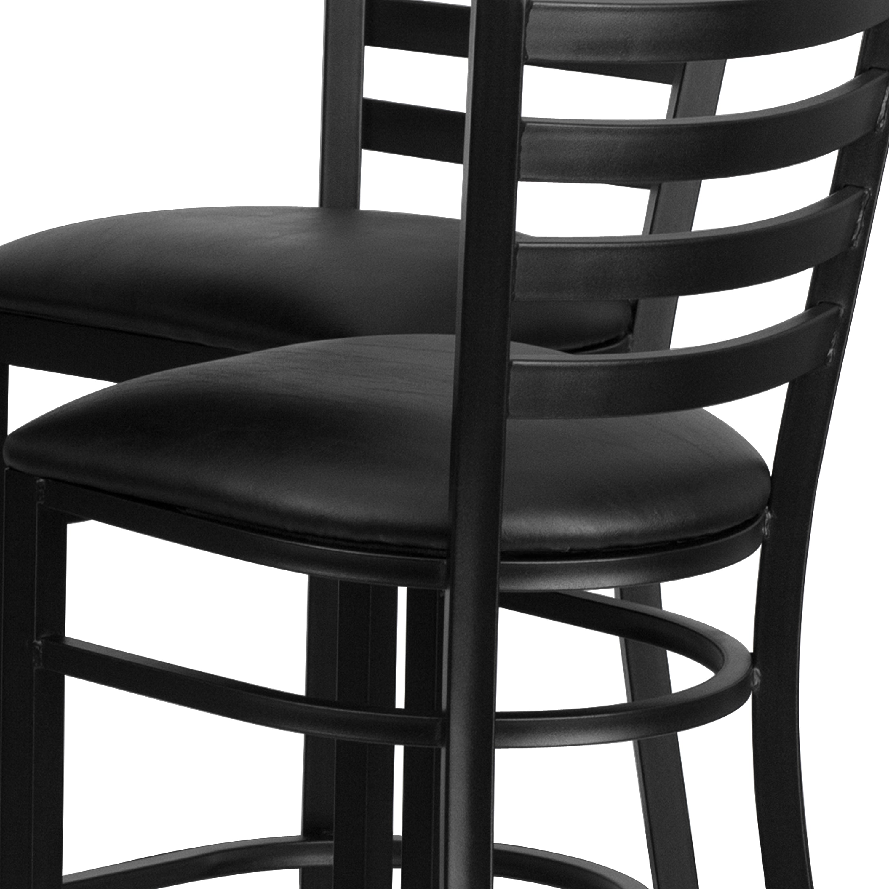 Carlton 30'' Round Black Laminate Table Set with X-Base and 4 Ladder Back Metal Barstools - Black Vinyl Seat