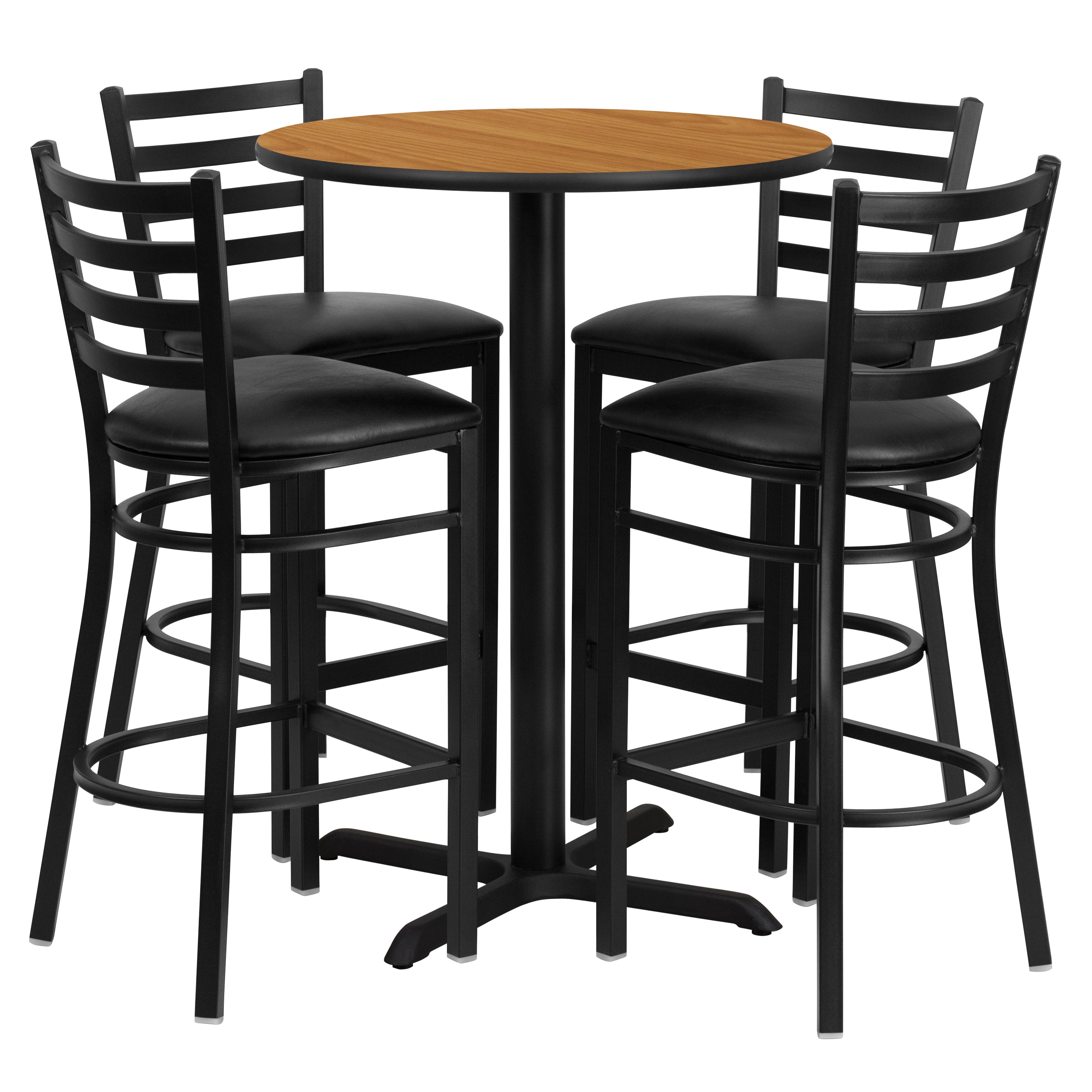 Carlton 30'' Round Natural Laminate Table Set with X-Base and 4 Ladder Back Metal Barstools - Black Vinyl Seat