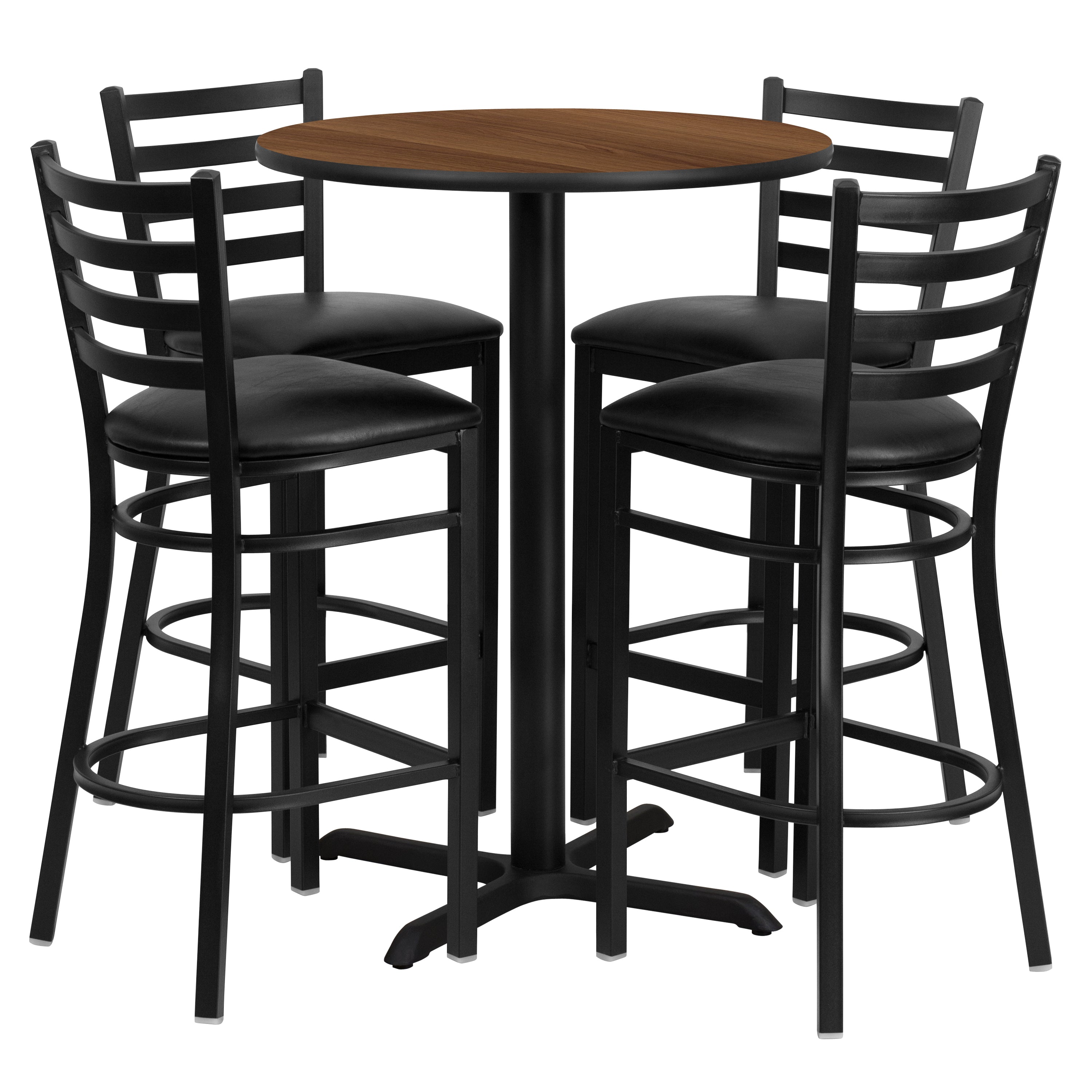 Carlton 30'' Round Walnut Laminate Table Set with X-Base and 4 Ladder Back Metal Barstools - Black Vinyl Seat