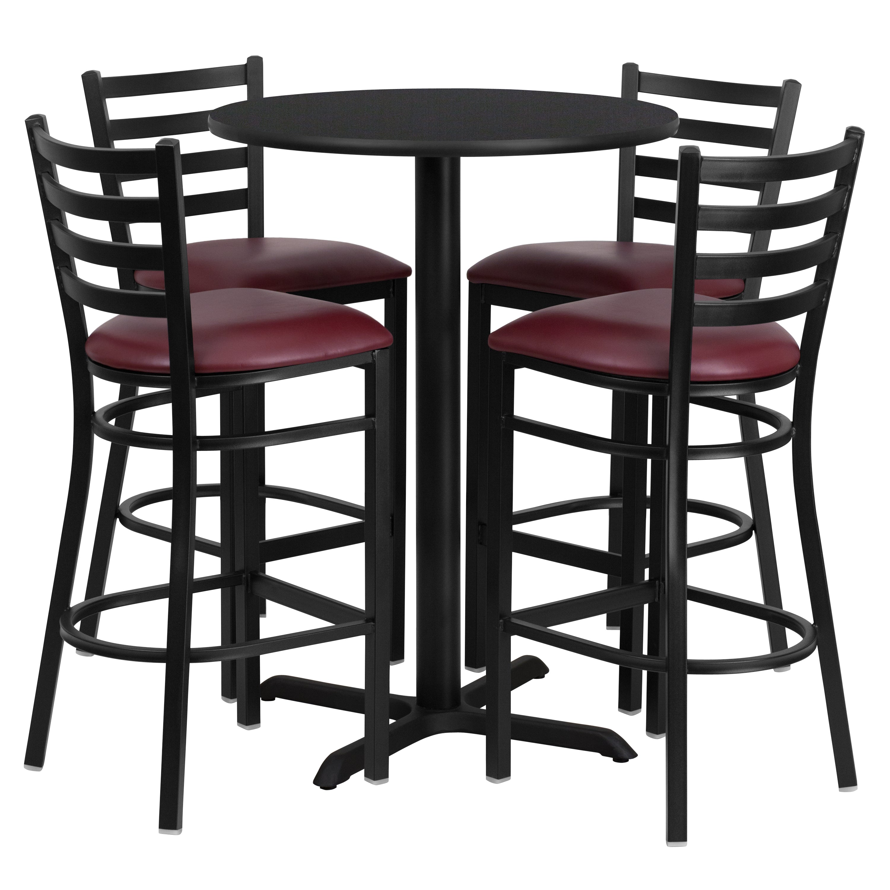 Carlton 30'' Round Black Laminate Table Set with X-Base and 4 Ladder Back Metal Barstools - Burgundy Vinyl Seat
