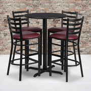 Carlton 30'' Round Black Laminate Table Set with X-Base and 4 Ladder Back Metal Barstools - Burgundy Vinyl Seat