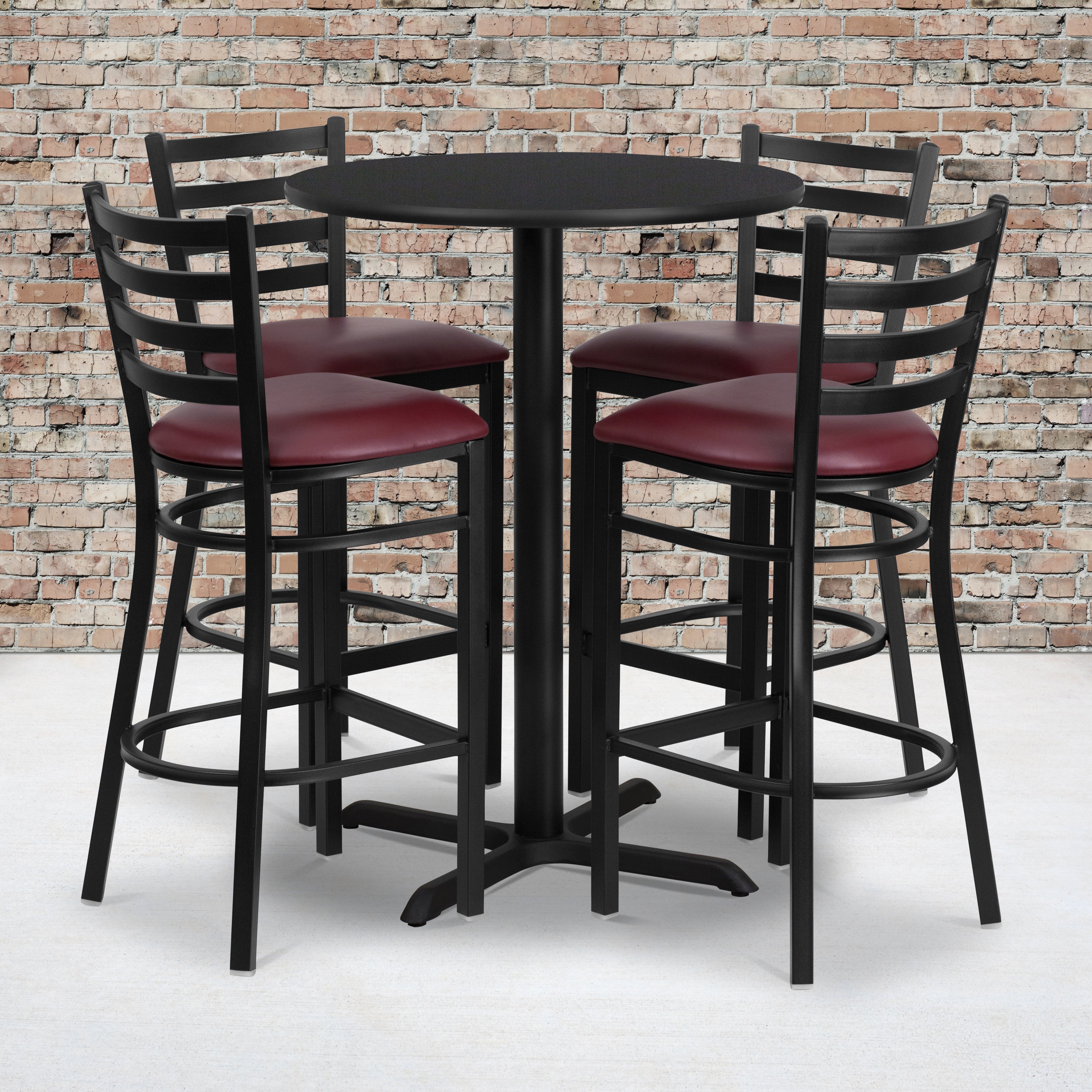 Carlton 30'' Round Black Laminate Table Set with X-Base and 4 Ladder Back Metal Barstools - Burgundy Vinyl Seat