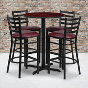 Carlton 30'' Round Mahogany Laminate Table Set with X-Base and 4 Ladder Back Metal Barstools - Burgundy Vinyl Seat