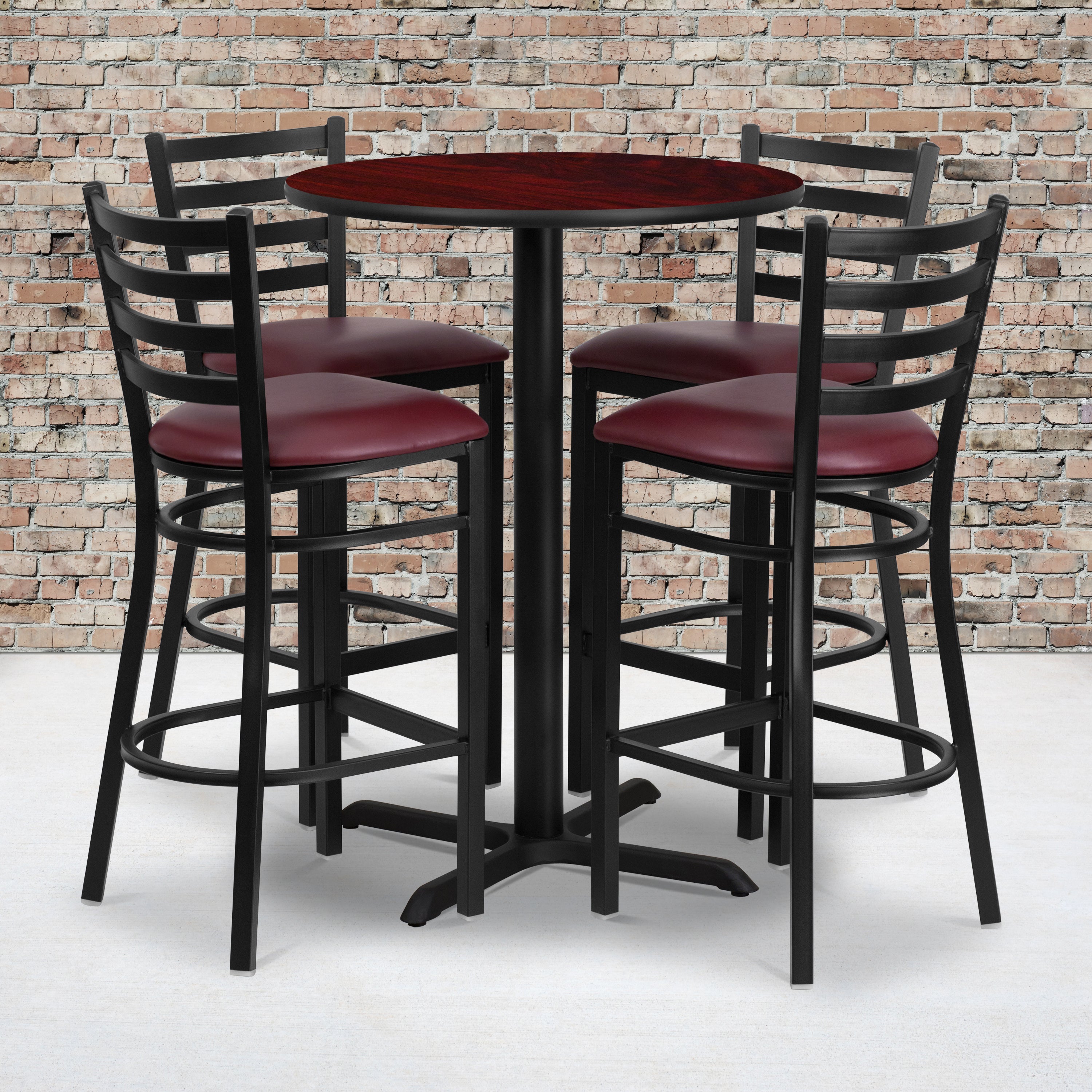 Carlton 30'' Round Mahogany Laminate Table Set with X-Base and 4 Ladder Back Metal Barstools - Burgundy Vinyl Seat