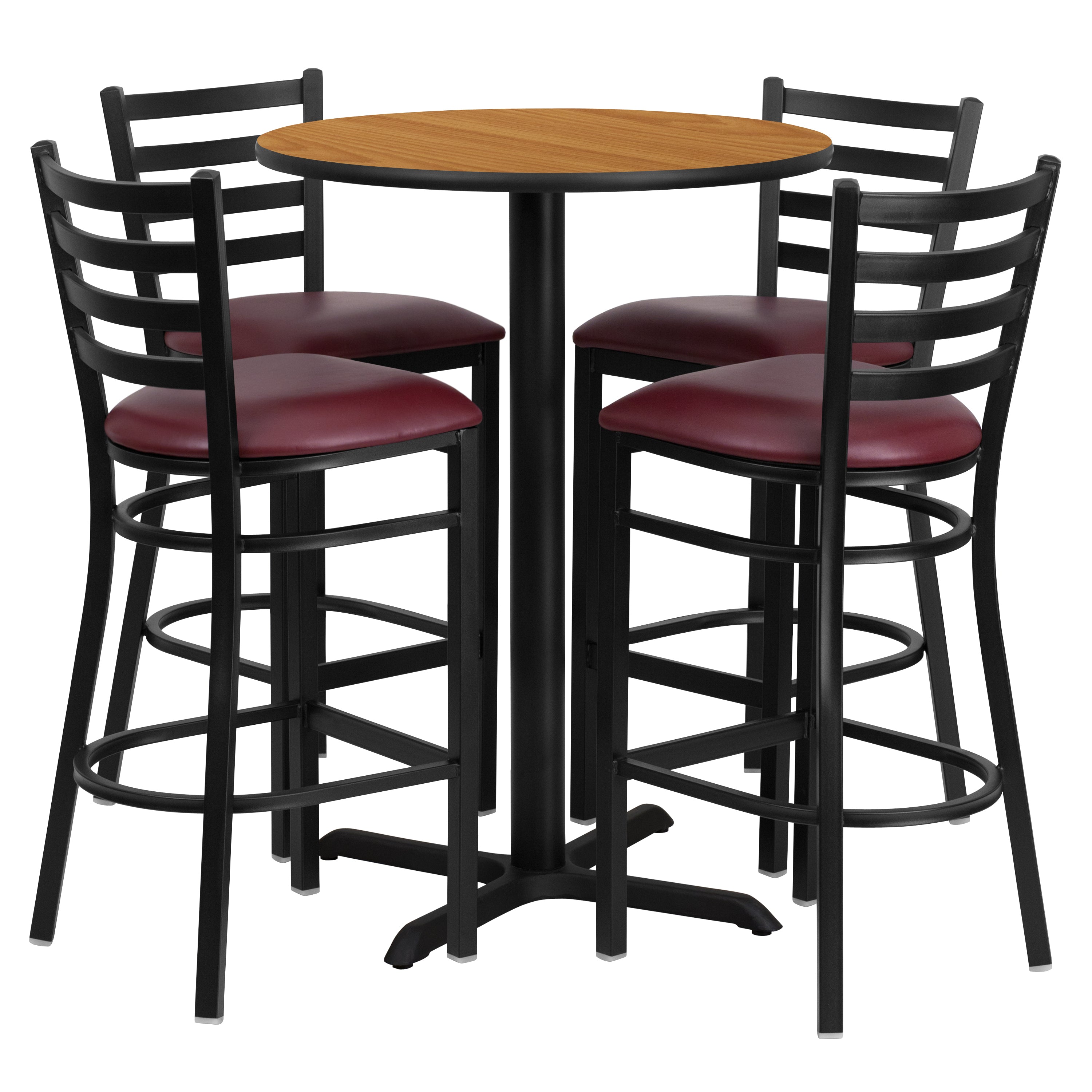 Carlton 30'' Round Natural Laminate Table Set with X-Base and 4 Ladder Back Metal Barstools - Burgundy Vinyl Seat