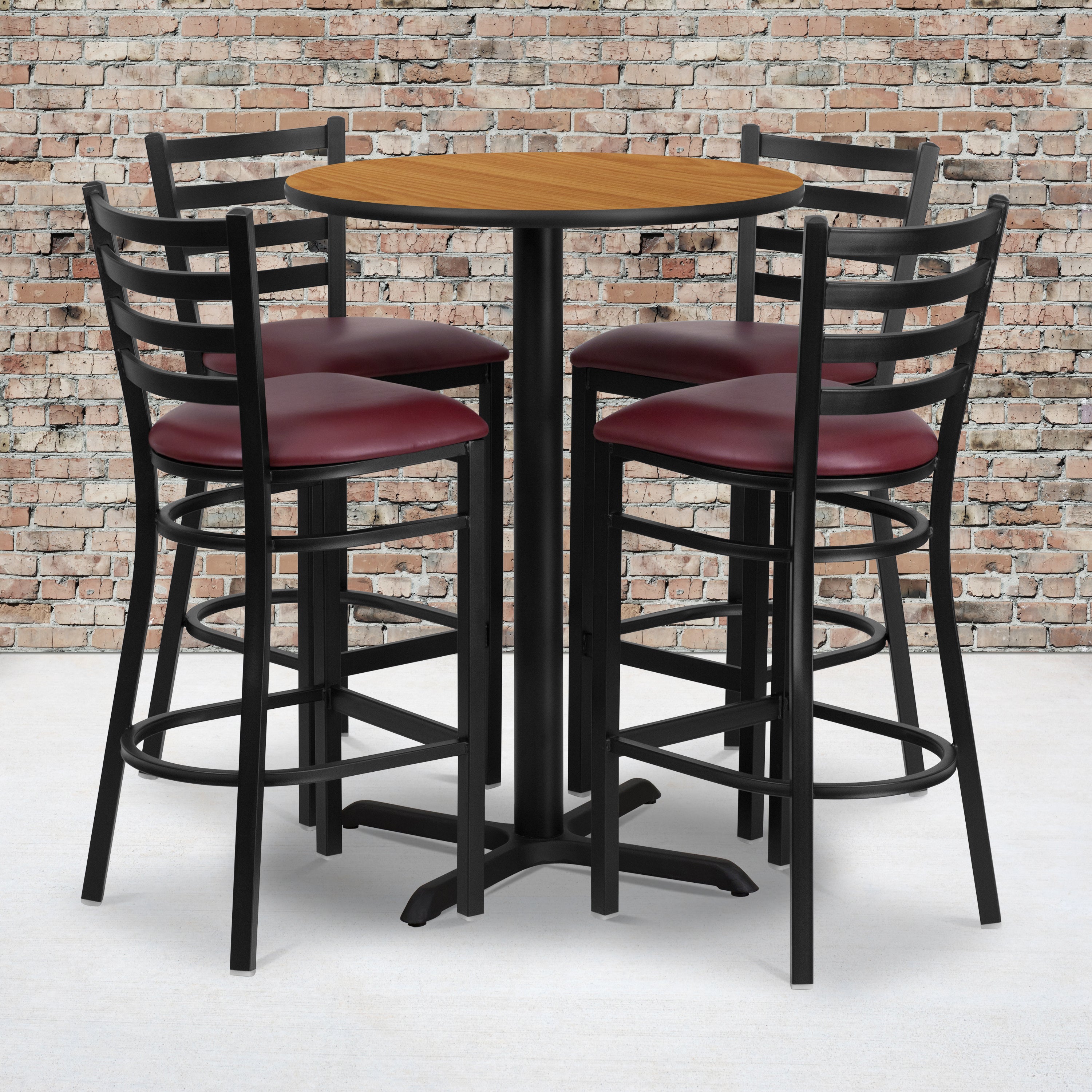 Carlton 30'' Round Natural Laminate Table Set with X-Base and 4 Ladder Back Metal Barstools - Burgundy Vinyl Seat