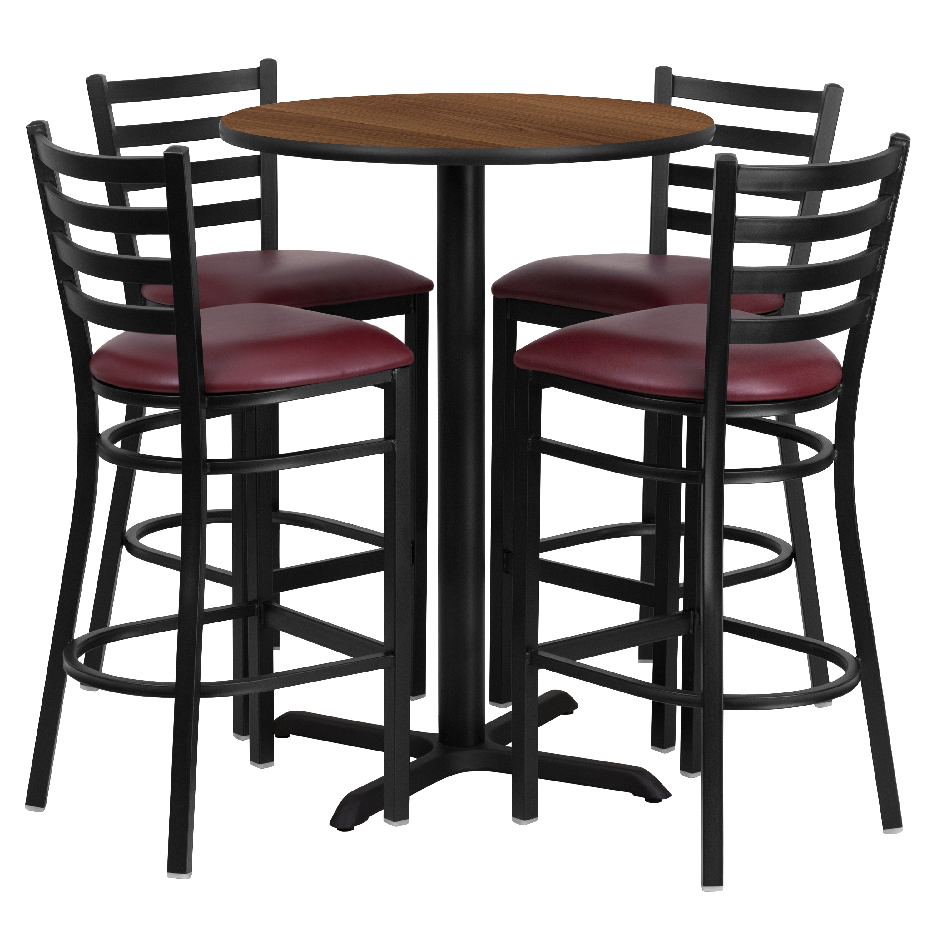 Carlton 30'' Round Walnut Laminate Table Set with X-Base and 4 Ladder Back Metal Barstools - Burgundy Vinyl Seat