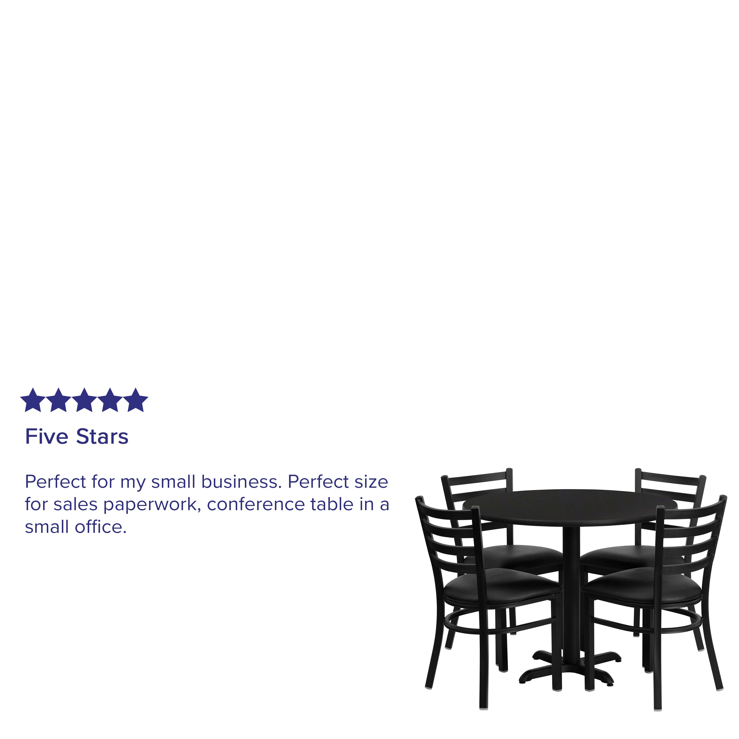 Carlton 36'' Round Black Laminate Table Set with X-Base and 4 Ladder Back Metal Chairs - Black Vinyl Seat