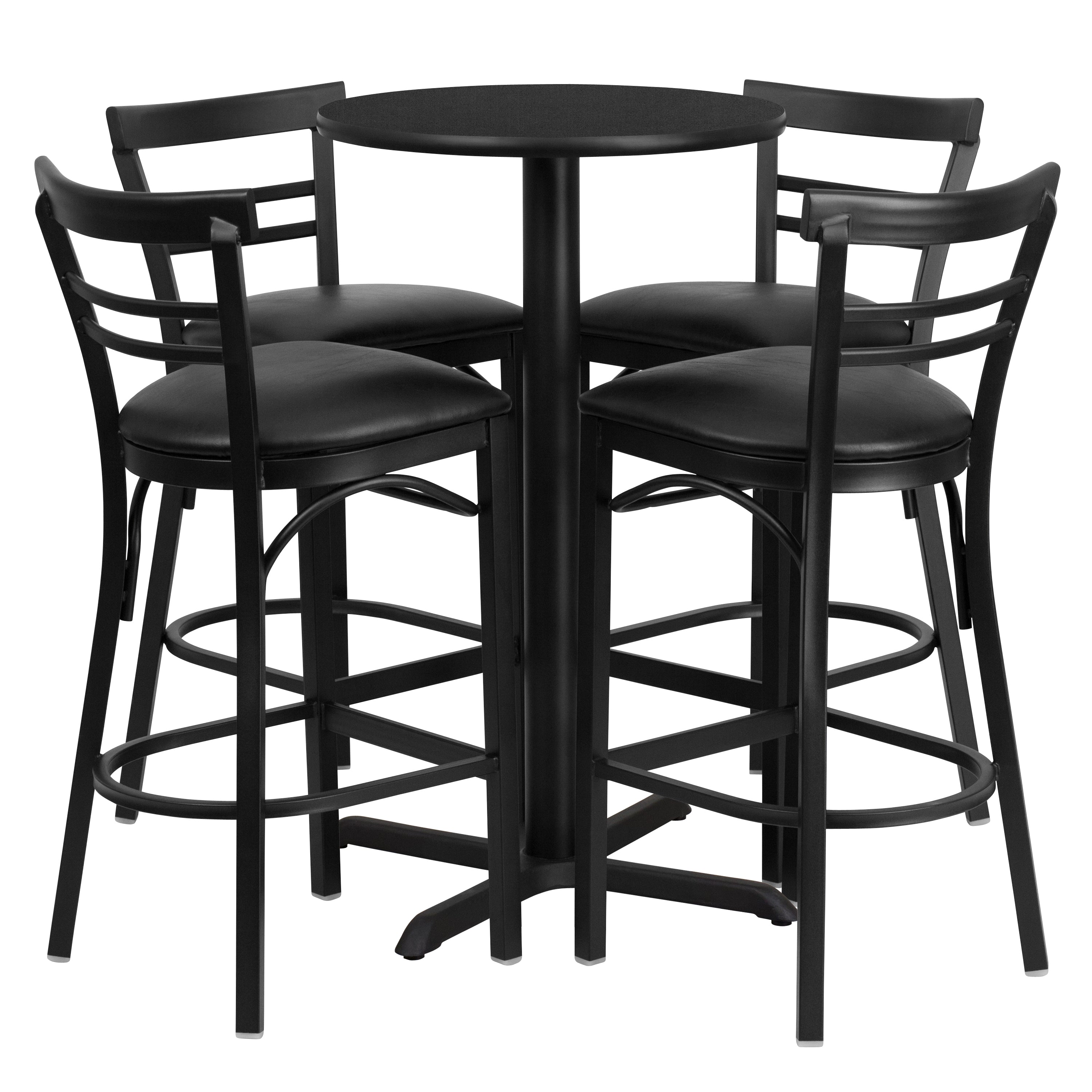 Carlton 24'' Round Black Laminate Table Set with X-Base and 4 Two-Slat Ladder Back Metal Barstools - Black Vinyl Seat