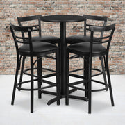 Carlton 24'' Round Black Laminate Table Set with X-Base and 4 Two-Slat Ladder Back Metal Barstools - Black Vinyl Seat
