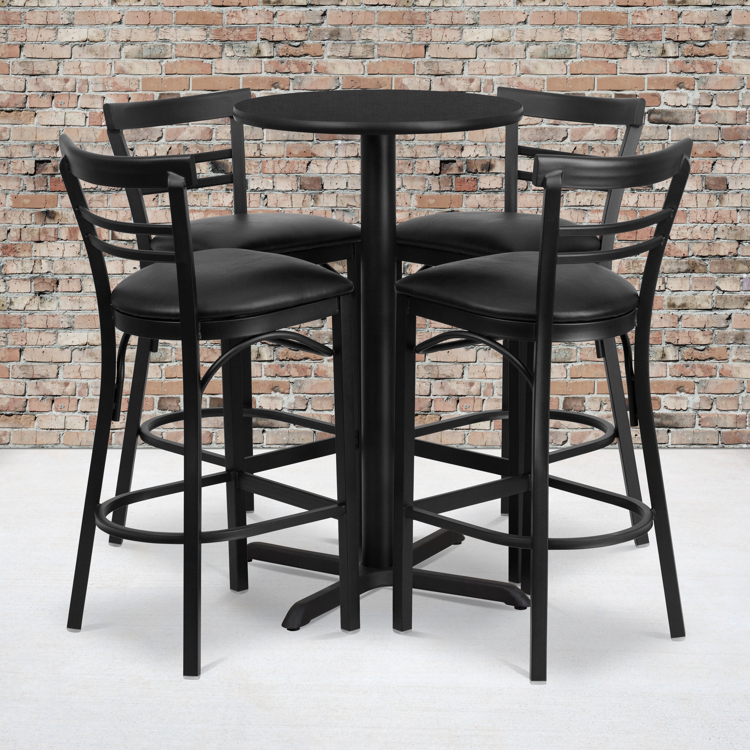 Carlton 24'' Round Black Laminate Table Set with X-Base and 4 Two-Slat Ladder Back Metal Barstools - Black Vinyl Seat