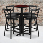 Carlton 24'' Round Mahogany Laminate Table Set with X-Base and 4 Two-Slat Ladder Back Metal Barstools - Black Vinyl Seat