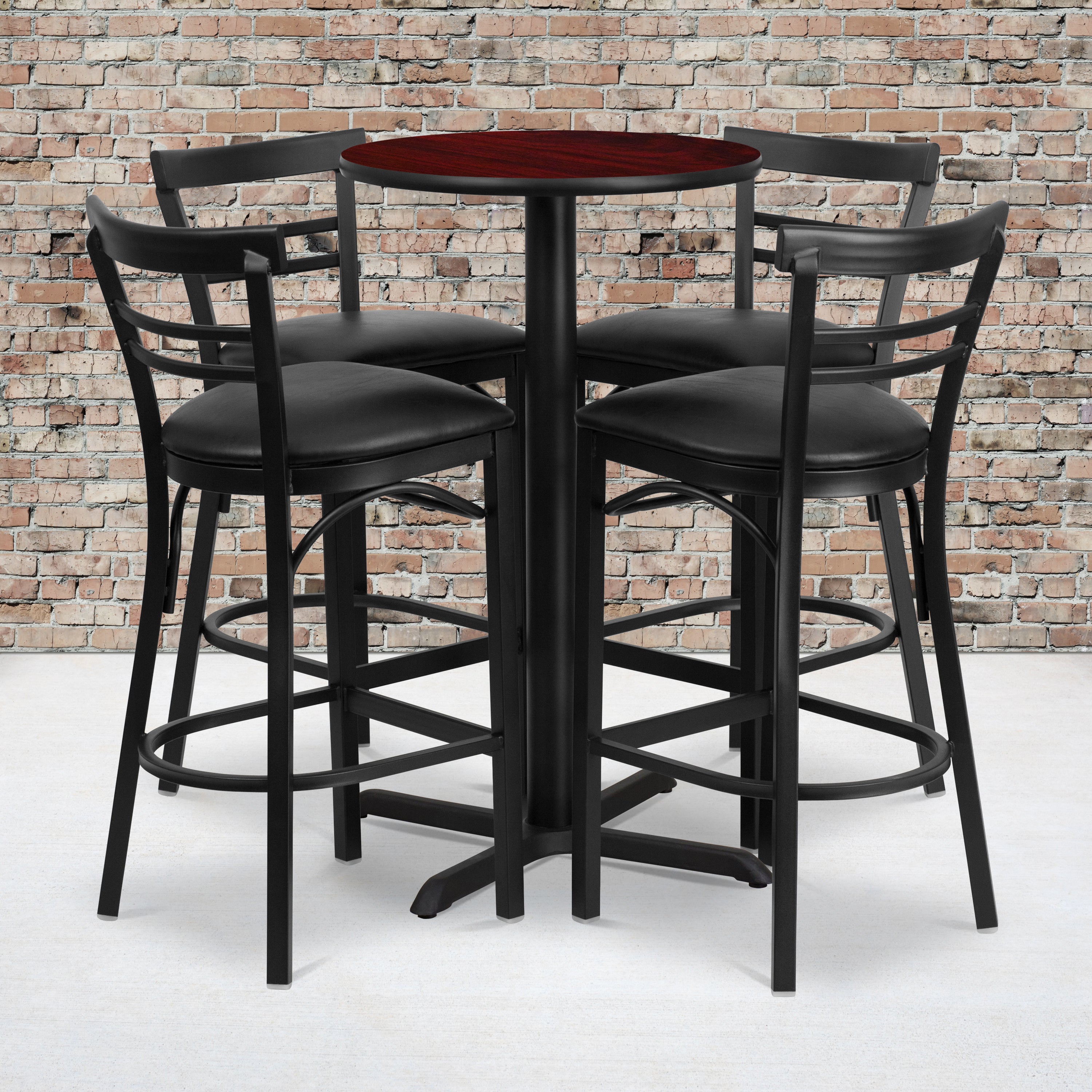 Carlton 24'' Round Mahogany Laminate Table Set with X-Base and 4 Two-Slat Ladder Back Metal Barstools - Black Vinyl Seat