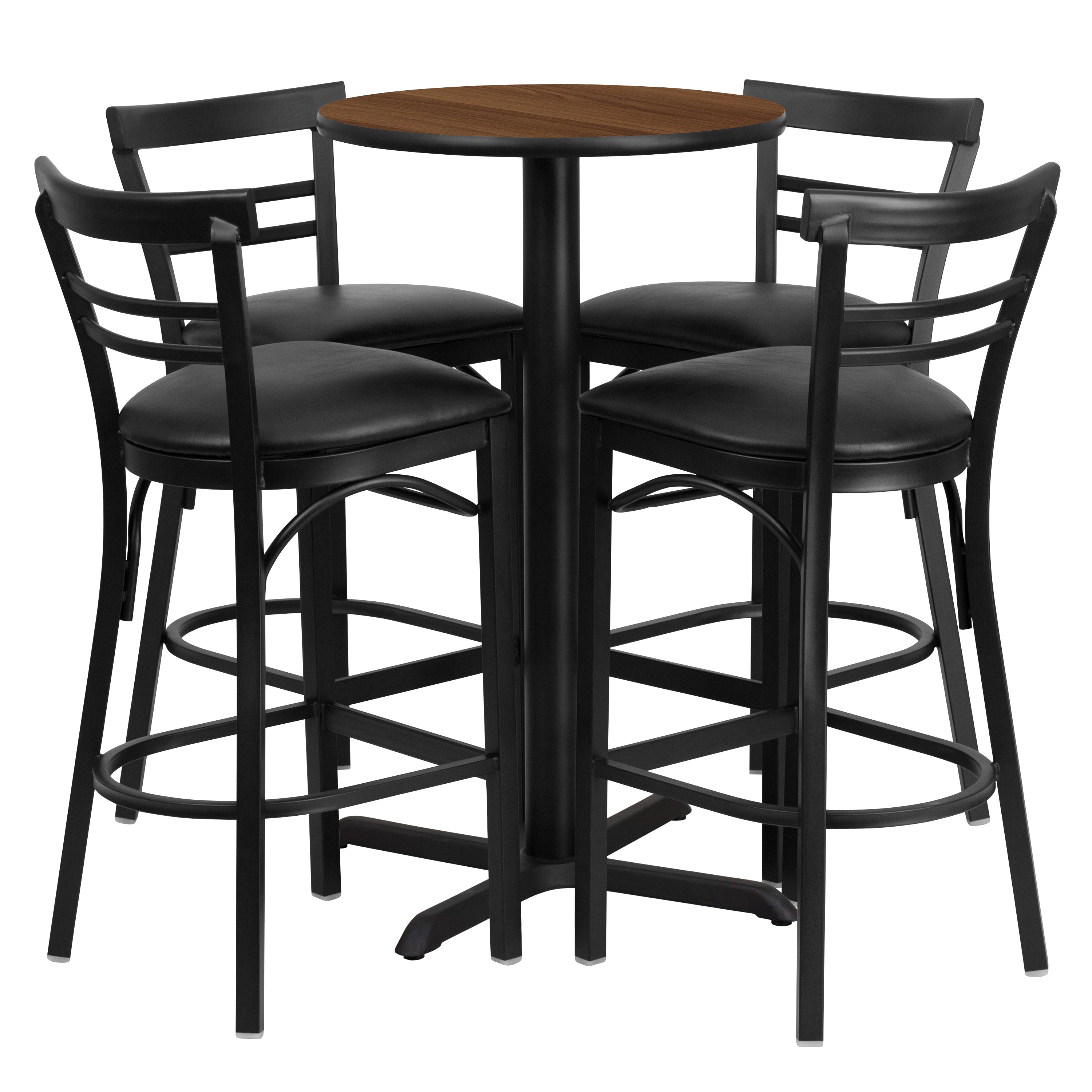 Carlton 24'' Round Walnut Laminate Table Set with X-Base and 4 Two-Slat Ladder Back Metal Barstools - Black Vinyl Seat