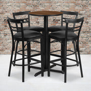 Carlton 24'' Round Walnut Laminate Table Set with X-Base and 4 Two-Slat Ladder Back Metal Barstools - Black Vinyl Seat