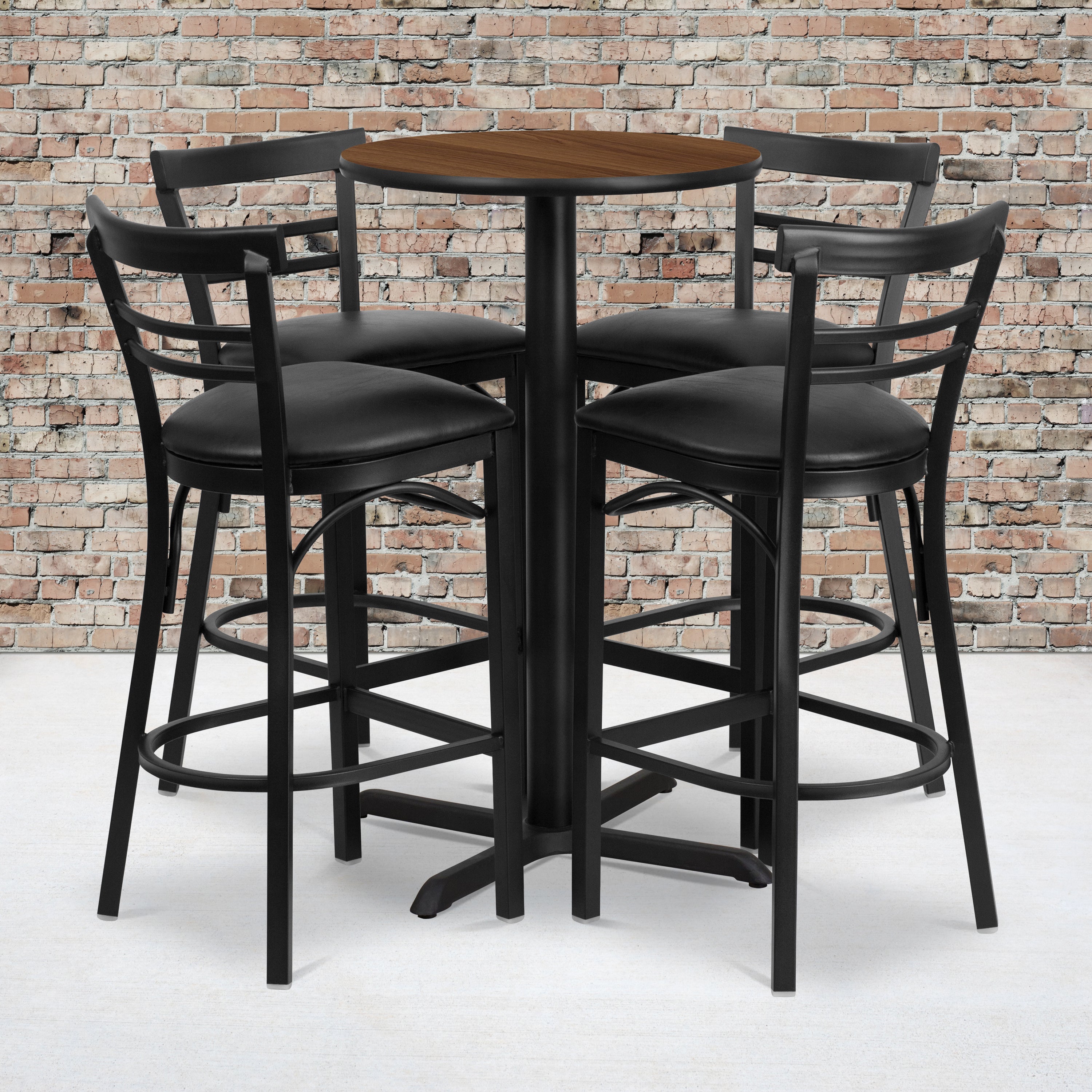 Carlton 24'' Round Walnut Laminate Table Set with X-Base and 4 Two-Slat Ladder Back Metal Barstools - Black Vinyl Seat