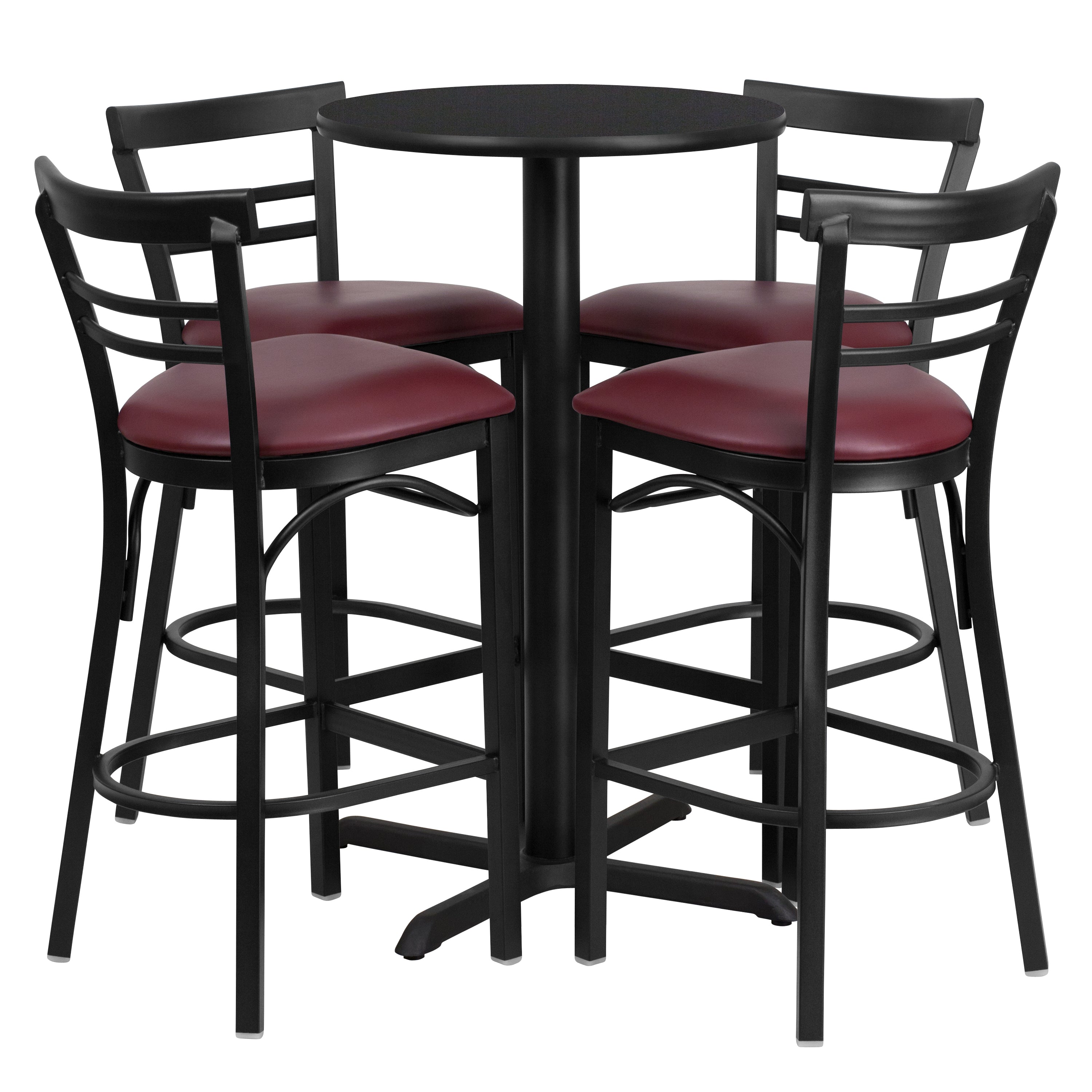 Carlton 24'' Round Black Laminate Table Set with X-Base and 4 Two-Slat Ladder Back Metal Barstools - Burgundy Vinyl Seat