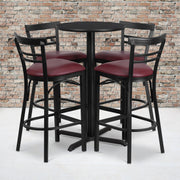 Carlton 24'' Round Black Laminate Table Set with X-Base and 4 Two-Slat Ladder Back Metal Barstools - Burgundy Vinyl Seat