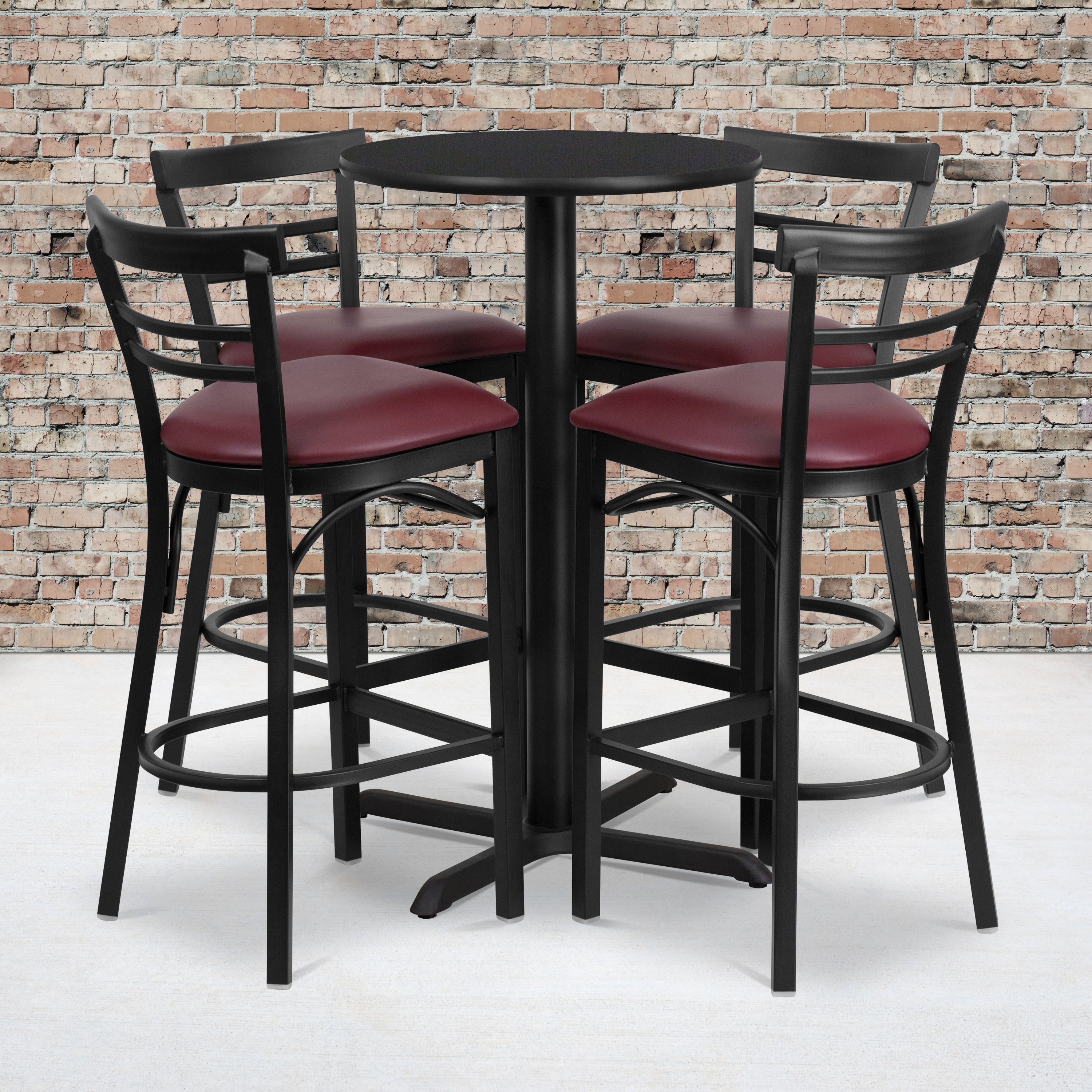 Carlton 24'' Round Black Laminate Table Set with X-Base and 4 Two-Slat Ladder Back Metal Barstools - Burgundy Vinyl Seat