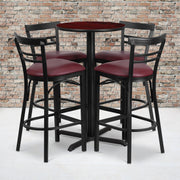 Carlton 24'' Round Mahogany Laminate Table Set with X-Base and 4 Two-Slat Ladder Back Metal Barstools - Burgundy Vinyl Seat