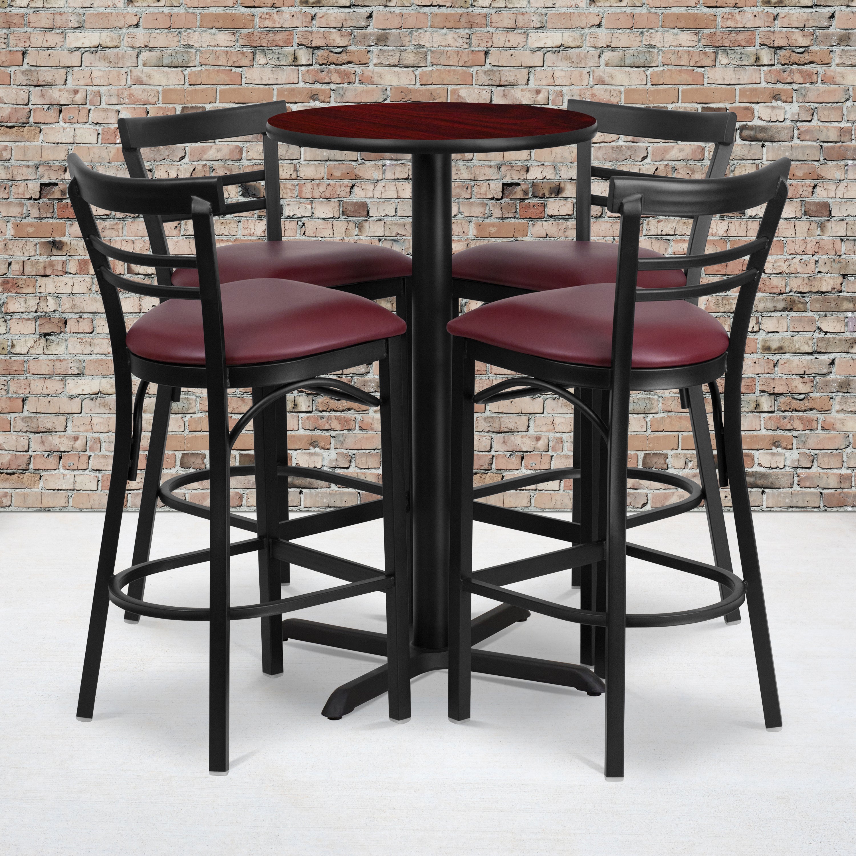 Carlton 24'' Round Mahogany Laminate Table Set with X-Base and 4 Two-Slat Ladder Back Metal Barstools - Burgundy Vinyl Seat