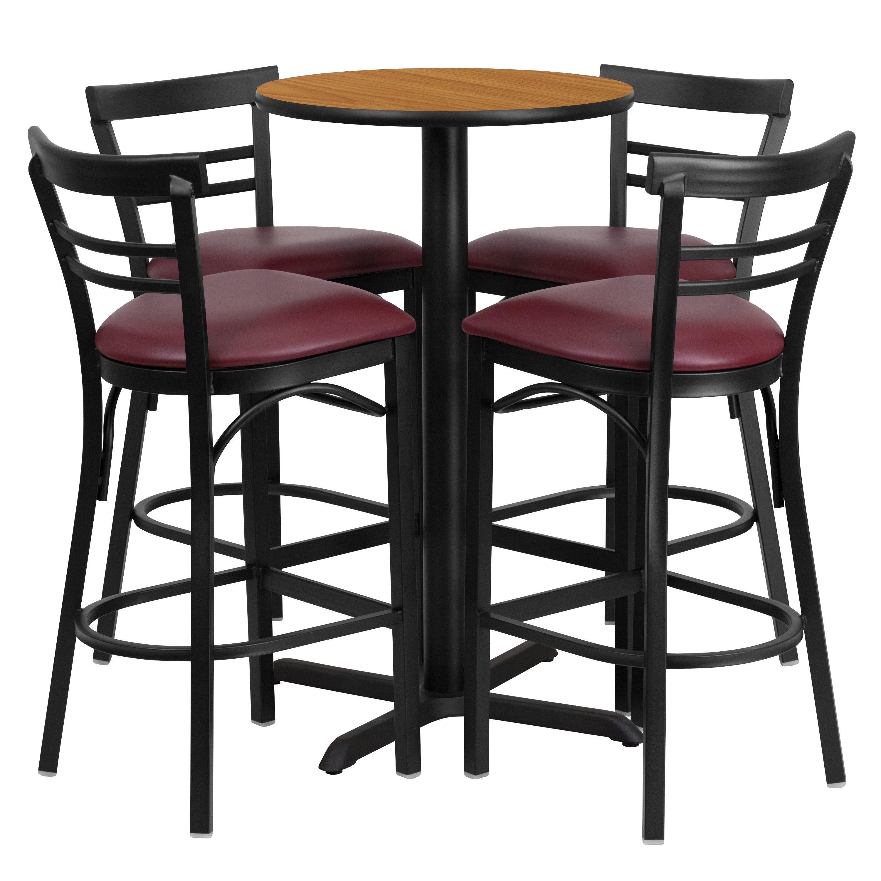 Carlton 24'' Round Natural Laminate Table Set with X-Base and 4 Two-Slat Ladder Back Metal Barstools - Burgundy Vinyl Seat