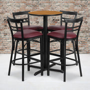Carlton 24'' Round Natural Laminate Table Set with X-Base and 4 Two-Slat Ladder Back Metal Barstools - Burgundy Vinyl Seat