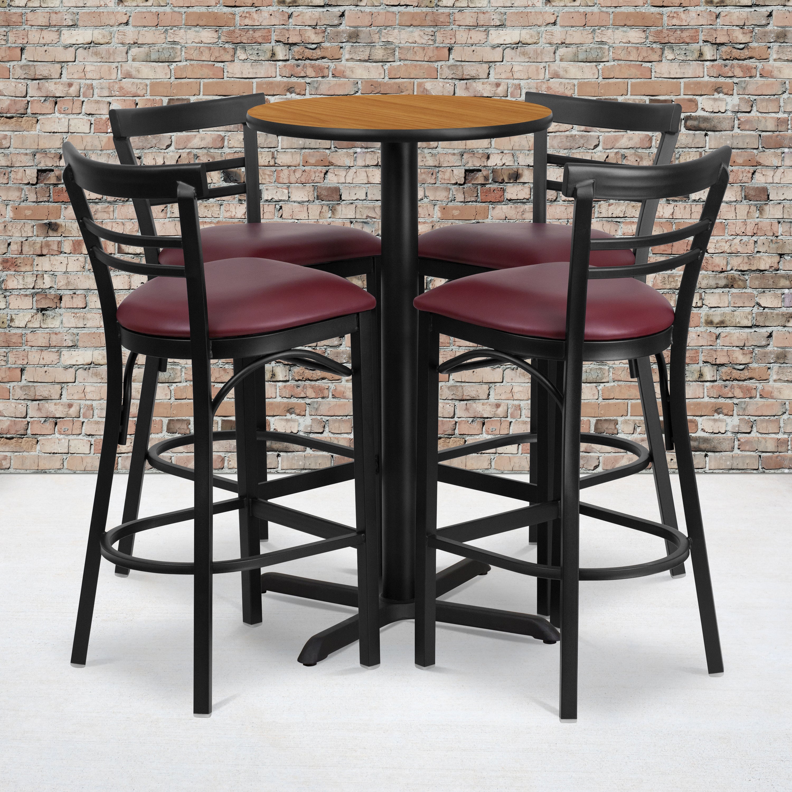 Carlton 24'' Round Natural Laminate Table Set with X-Base and 4 Two-Slat Ladder Back Metal Barstools - Burgundy Vinyl Seat