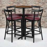 Carlton 24'' Round Walnut Laminate Table Set with X-Base and 4 Two-Slat Ladder Back Metal Barstools - Burgundy Vinyl Seat