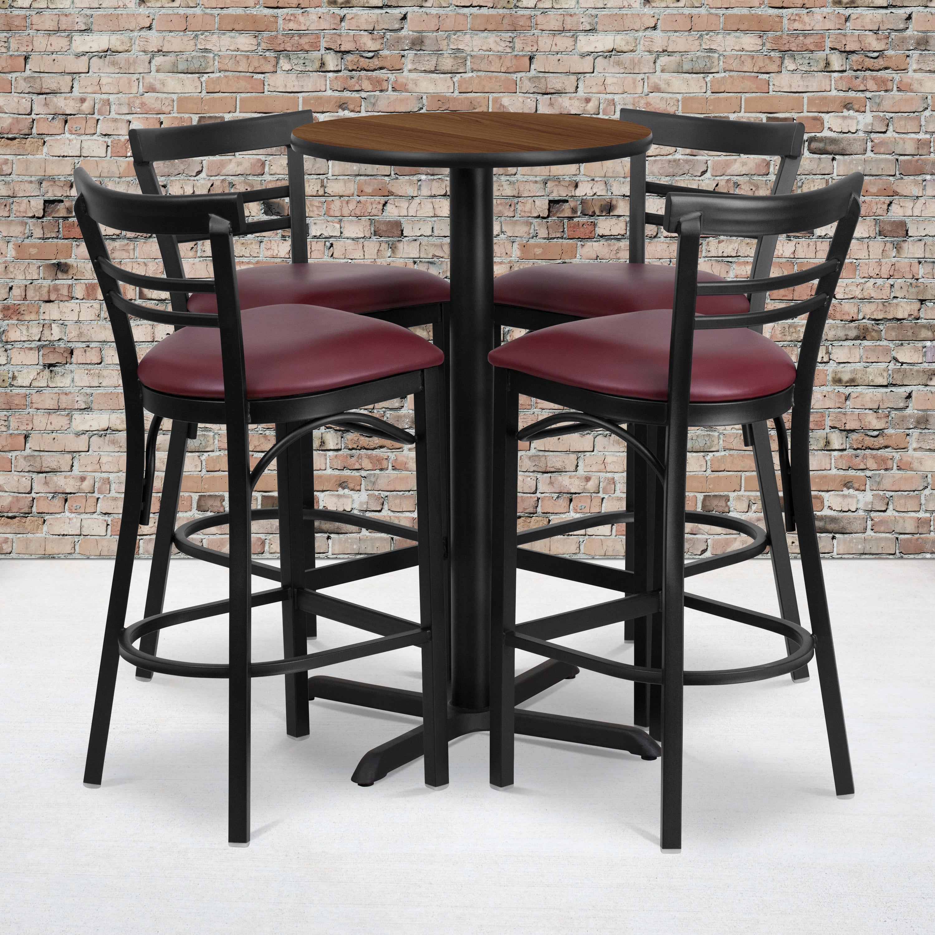 Carlton 24'' Round Walnut Laminate Table Set with X-Base and 4 Two-Slat Ladder Back Metal Barstools - Burgundy Vinyl Seat