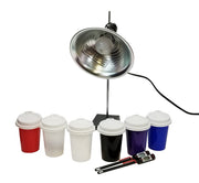 Heat Radiation demonstration with 6 different colored containers 2 thermometers & heat lamp.