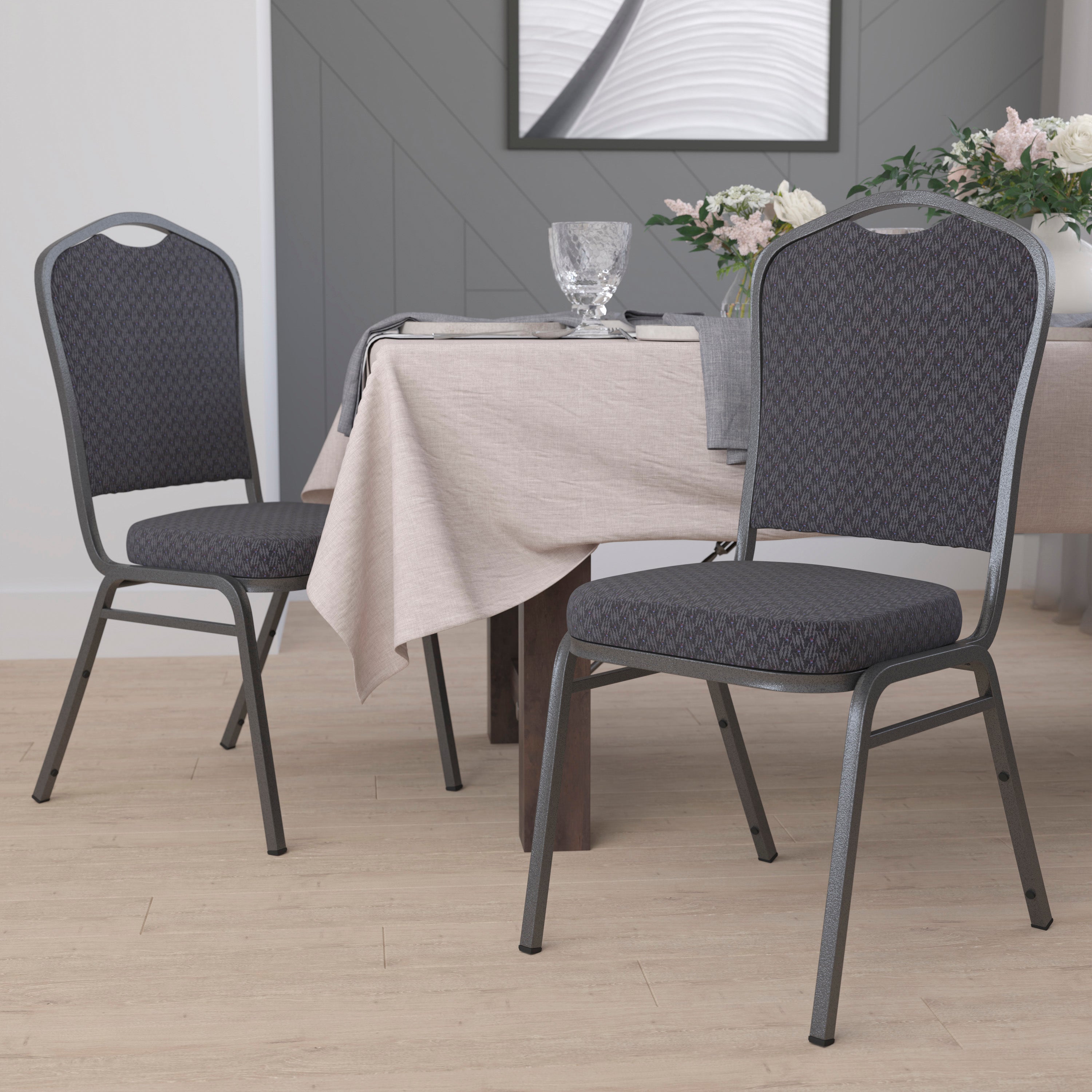 HERCULES Series Crown Back Stacking Banquet Chair in Black Patterned Fabric - Silver Vein Frame