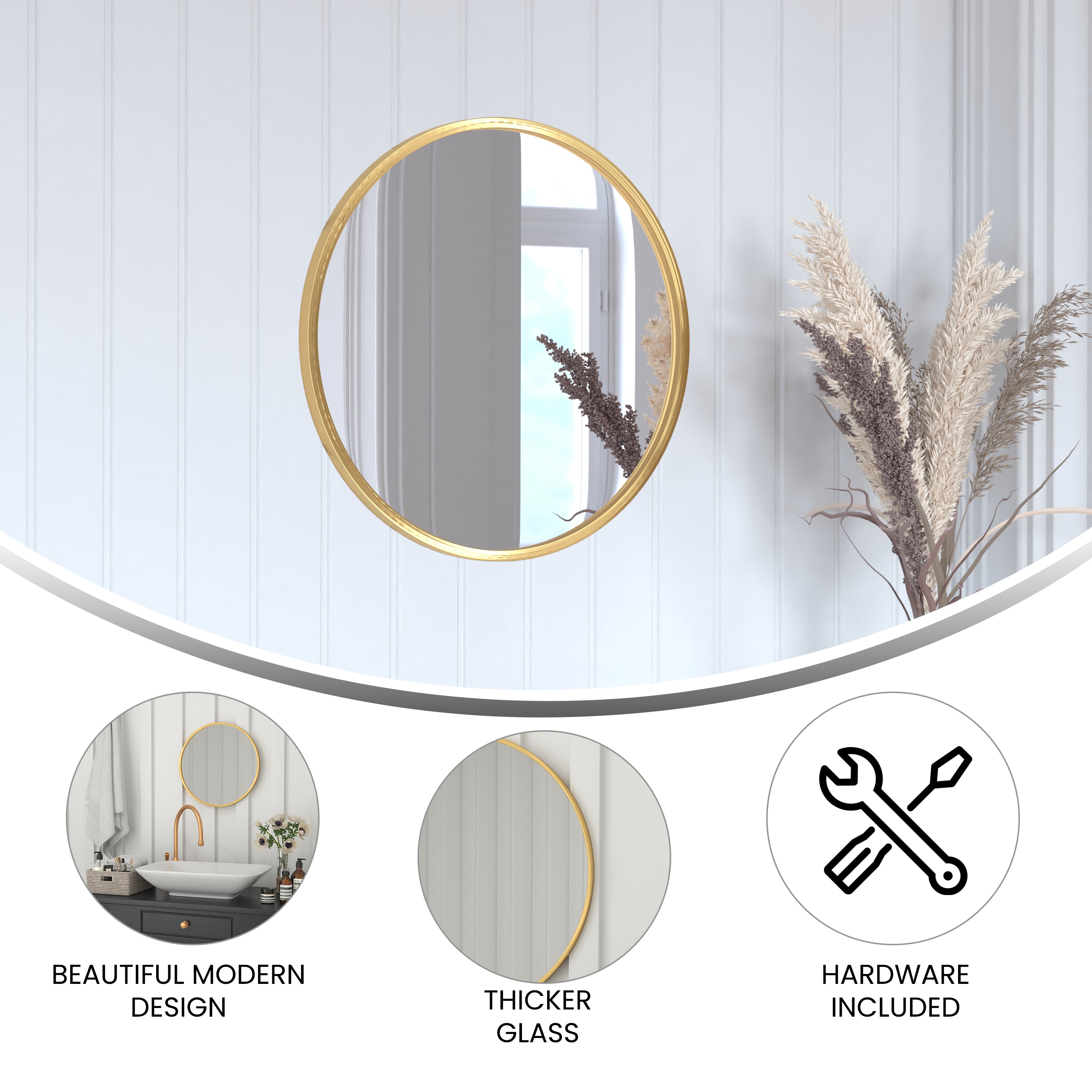 Julianne 20" Round Gold Metal Framed Wall Mirror - Large Accent Mirror for Bathroom, Vanity, Entryway, Dining Room, & Living Room
