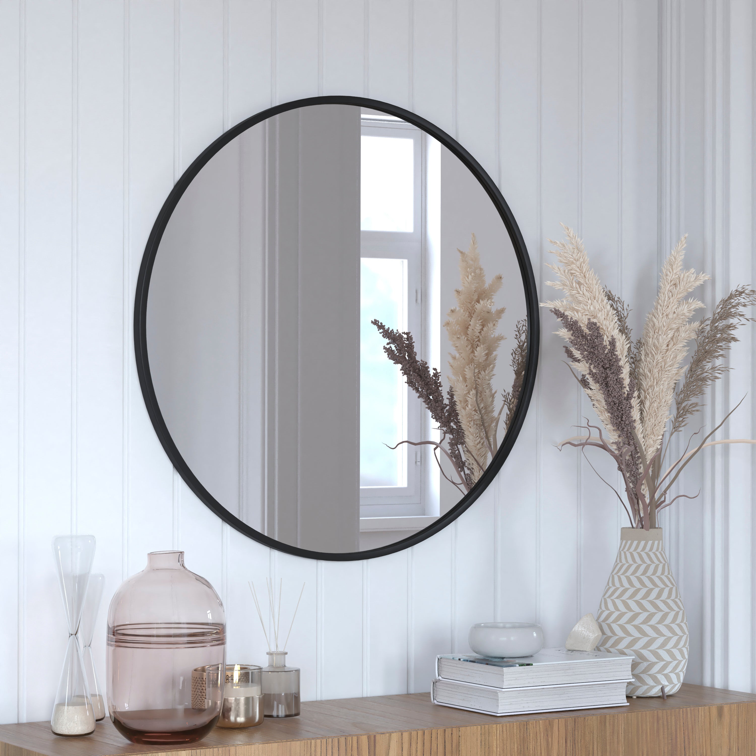 Julianne 30" Round Black Metal Framed Wall Mirror - Large Accent Mirror for Bathroom, Vanity, Entryway, Dining Room, & Living Room