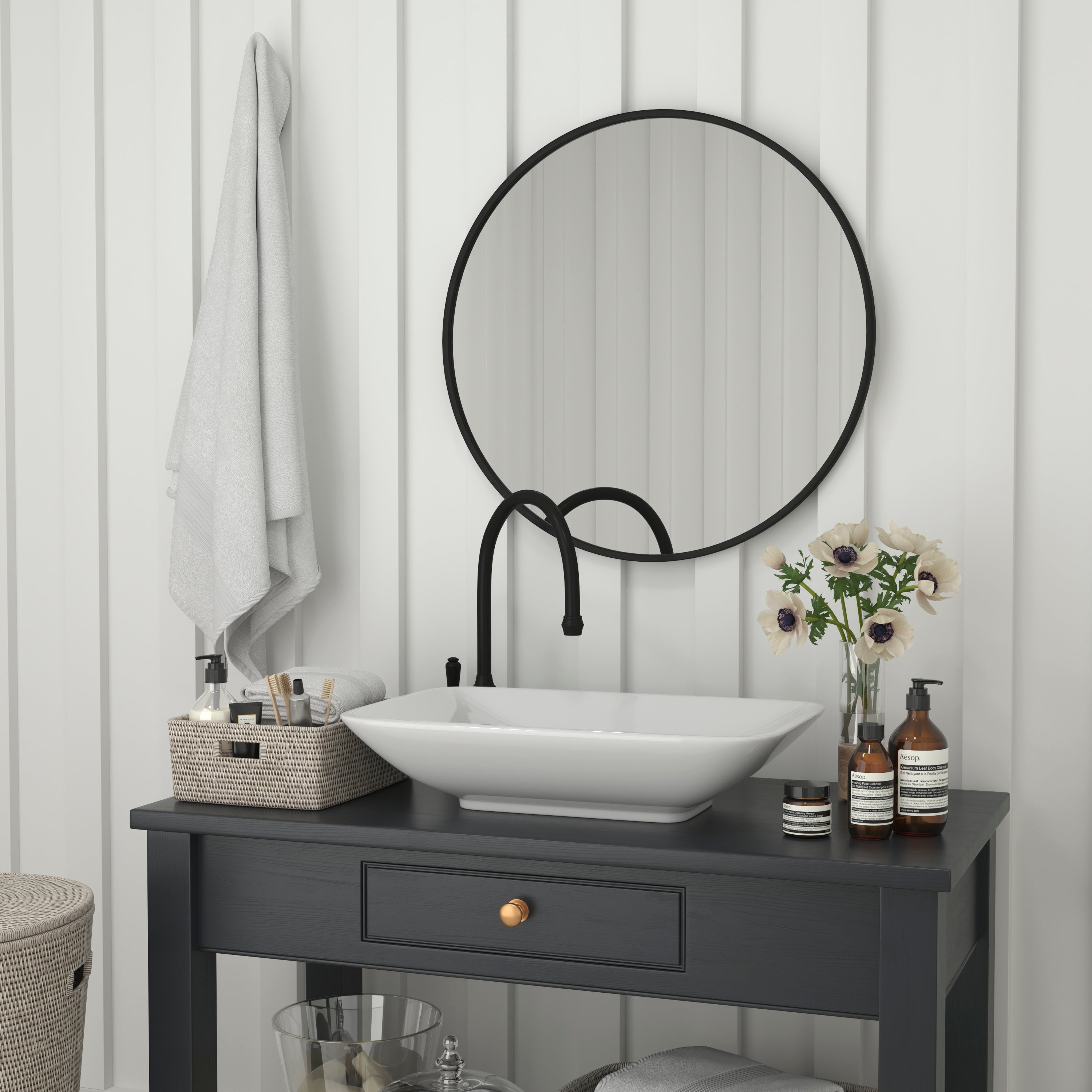 Julianne 30" Round Black Metal Framed Wall Mirror - Large Accent Mirror for Bathroom, Vanity, Entryway, Dining Room, & Living Room