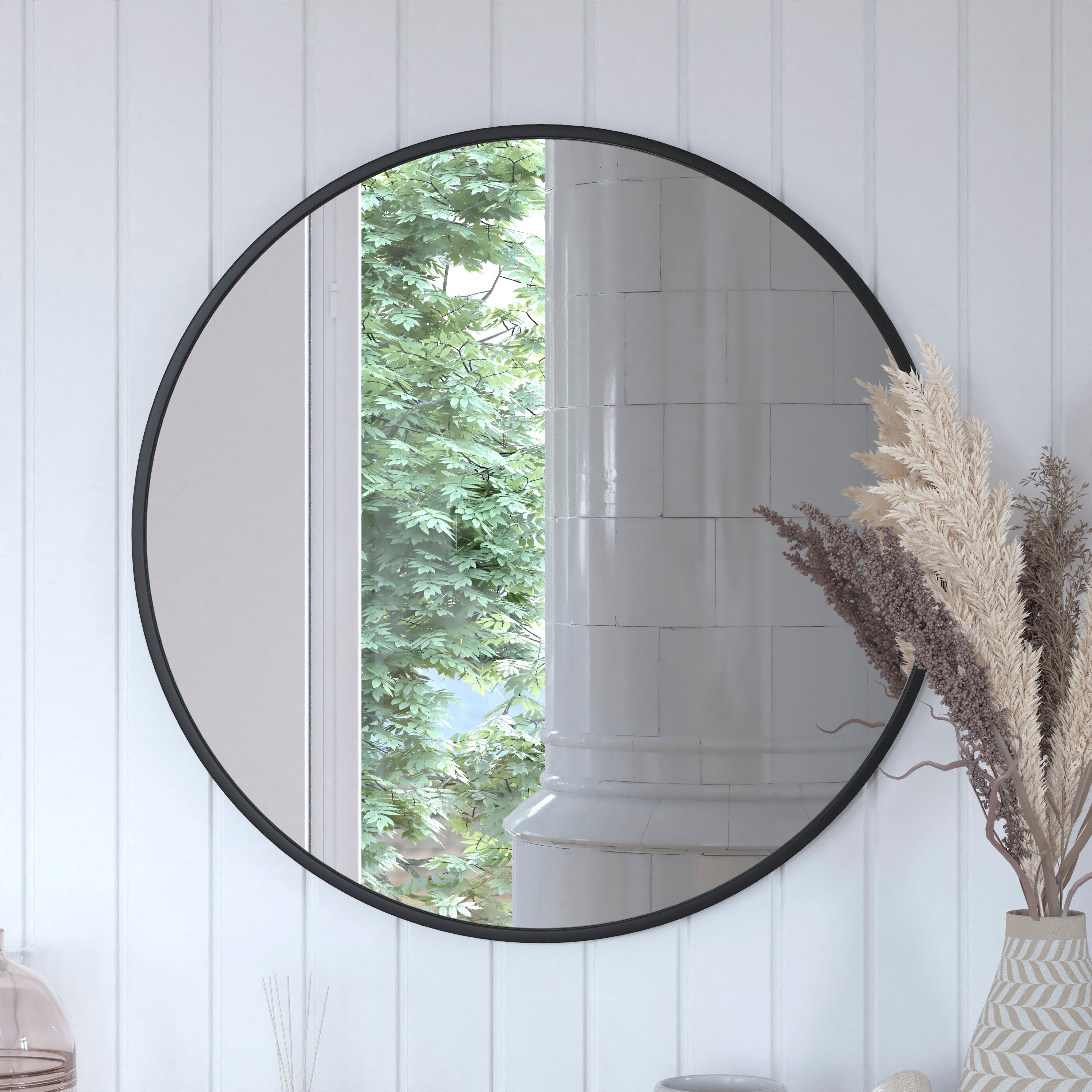Julianne 30" Round Black Metal Framed Wall Mirror - Large Accent Mirror for Bathroom, Vanity, Entryway, Dining Room, & Living Room